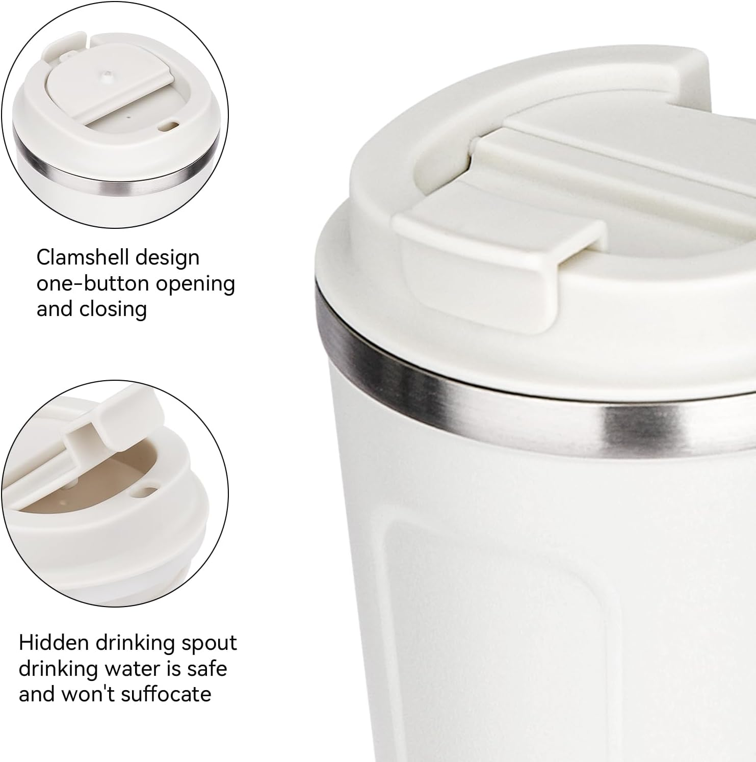 Weiße Thermotasse mit silbernem Ring und weißem Klappdeckel. Detailansicht.