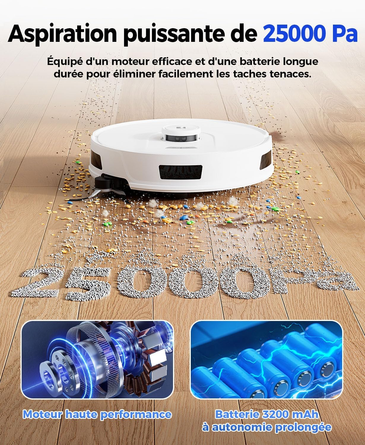 A white robot vacuum cleans debris on a wooden floor. Detail shots show engine and battery.