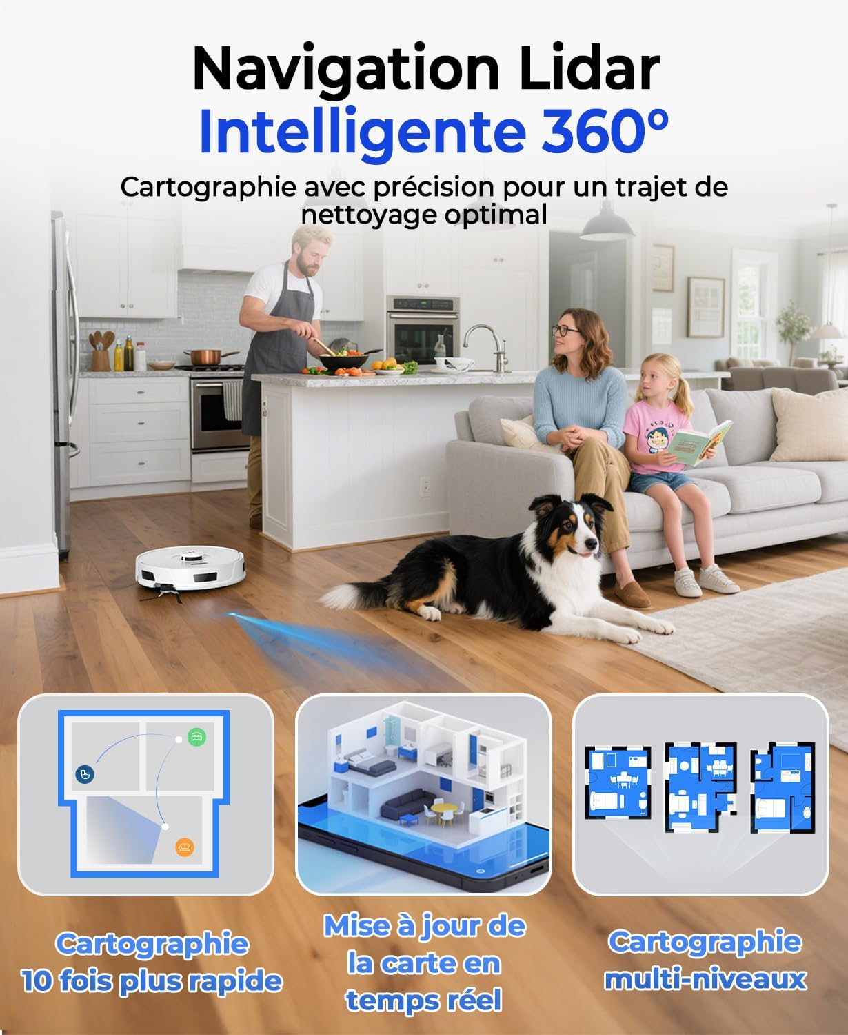 Robot vacuum maps and cleans home with 3D mapping and AI navigation.