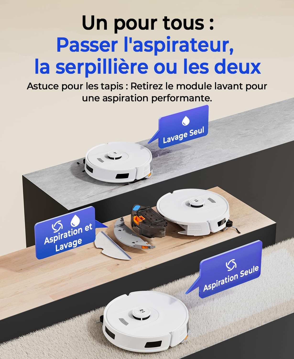 Three robot vacuums: Vacuum only, mopping only, or both.