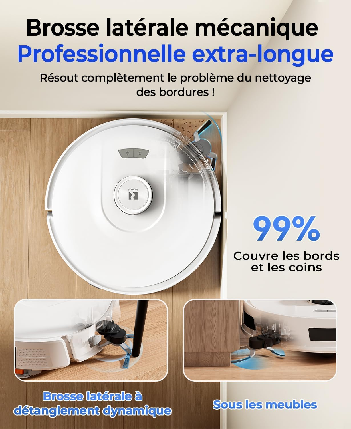 A white robot vacuum cleans edges and corners.