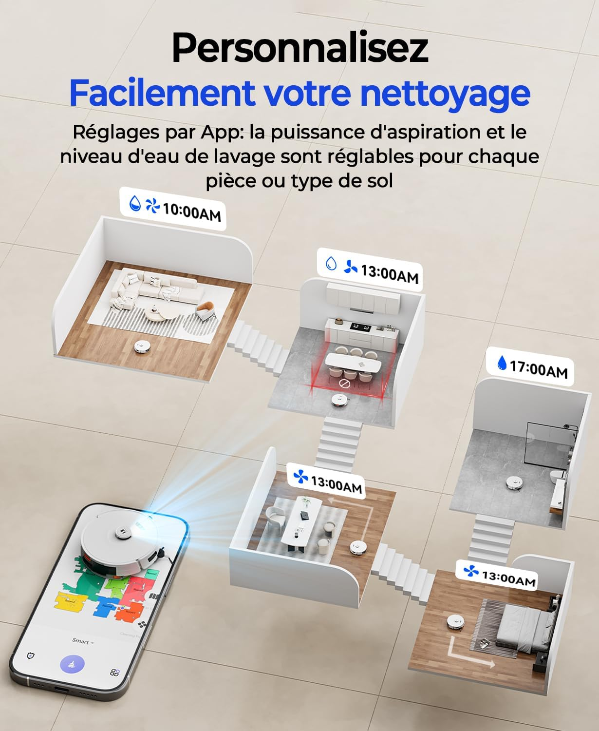 Robot vacuums clean different rooms at different times, controlled by app.