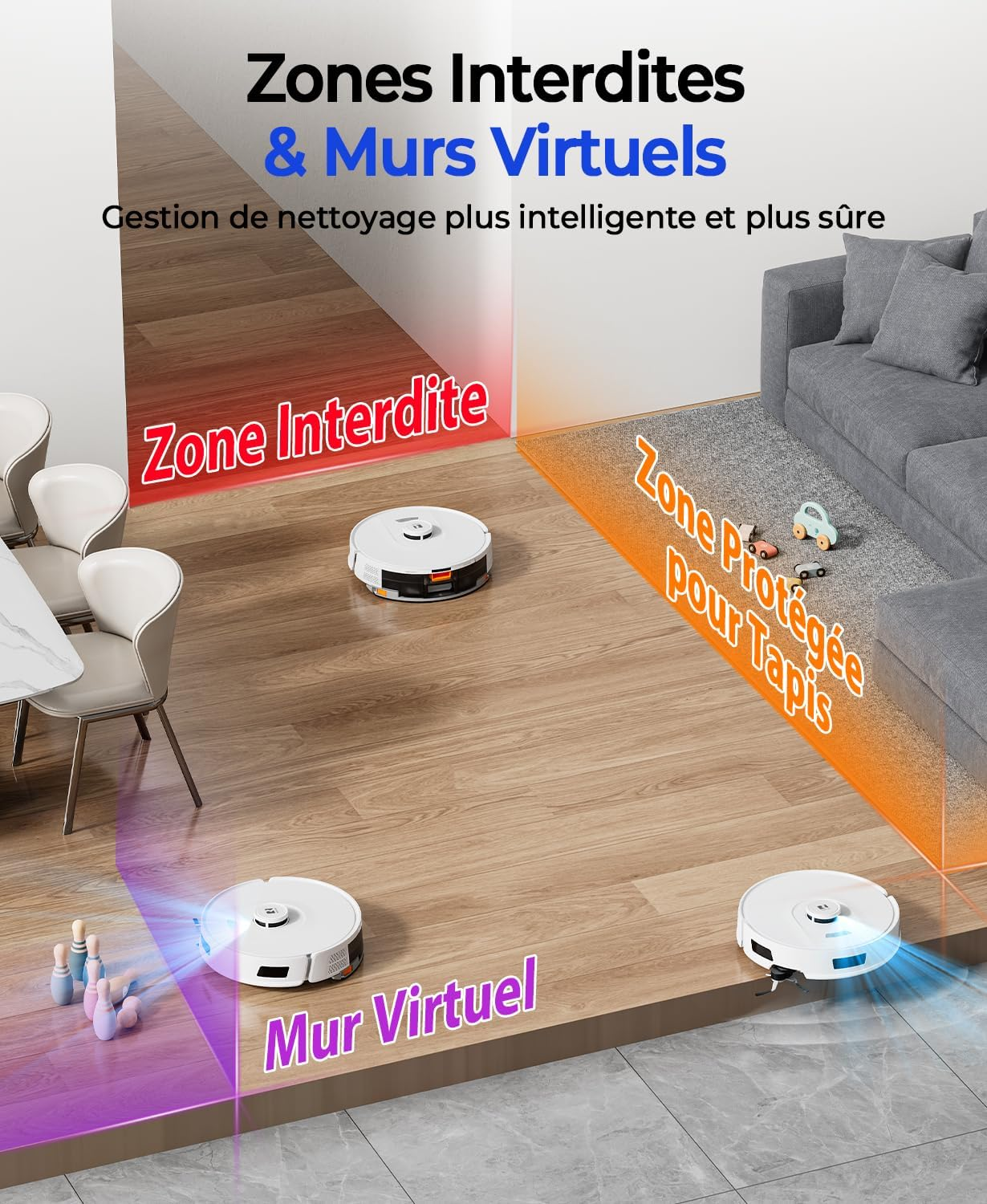 Robot vacuums define no-go zones and virtual walls for cleaning.