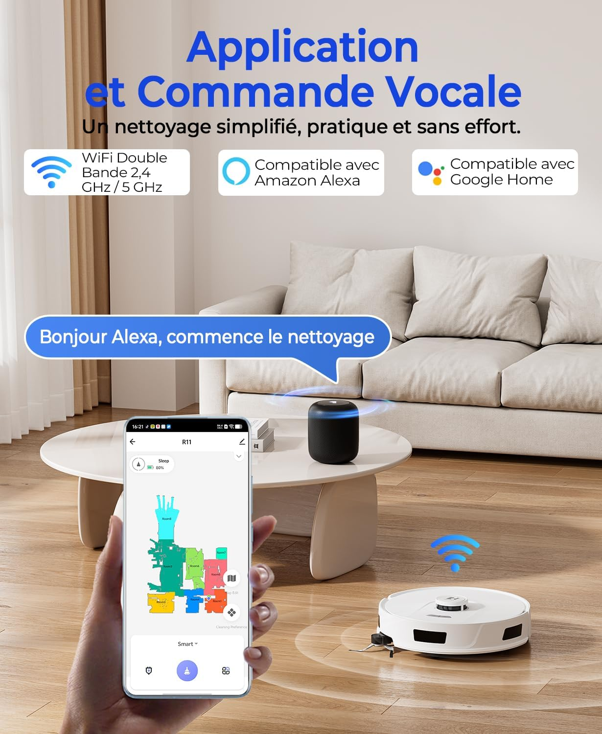 Robot vacuum with app control, Alexa & Google Home compatible, on wooden floor.