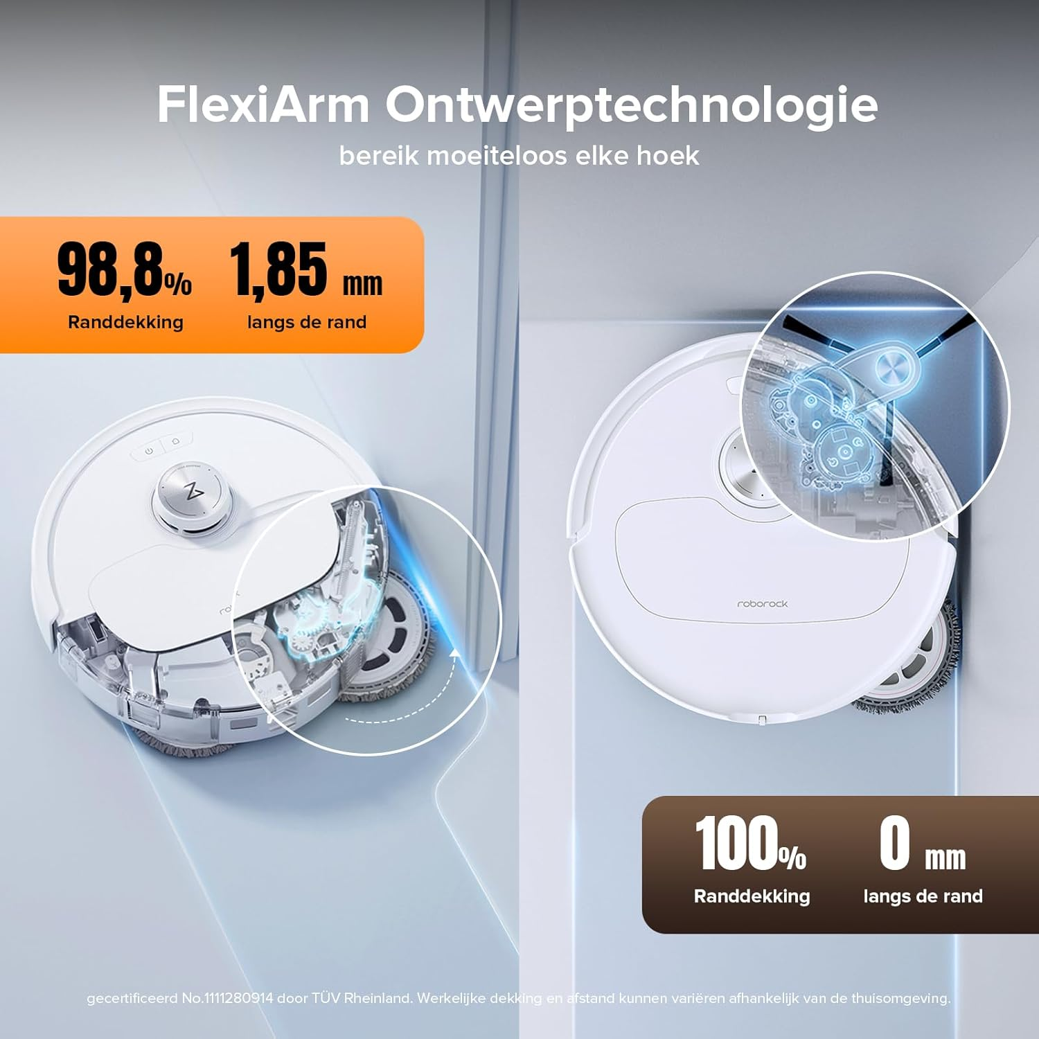 Roborock robotstofzuiger met FlexiArm-technologie. Toont 98,8% randdekking, 1,85mm randafstand.
