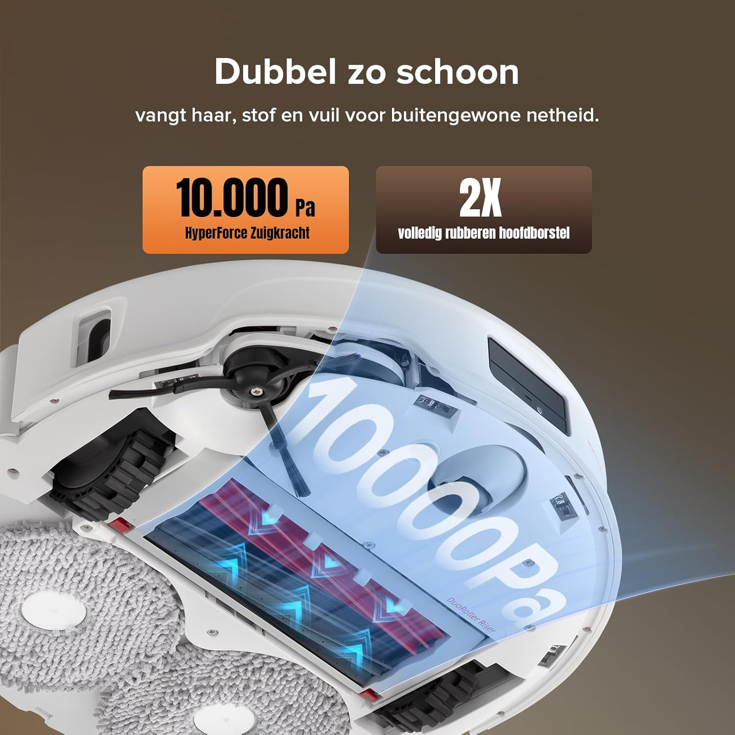 Een witte robotstofzuiger met borstels, die 10.000 Pa zuigkracht toont.