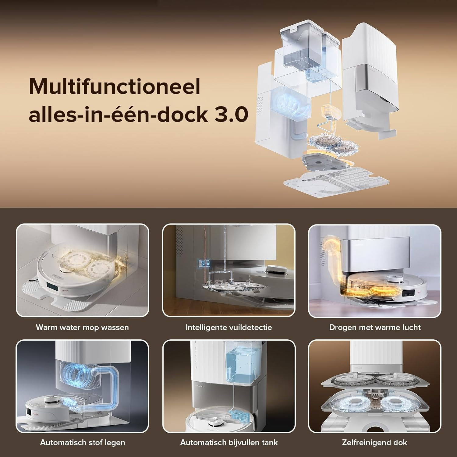 Explosietekening van een multifunctioneel dock voor robotstofzuiger.