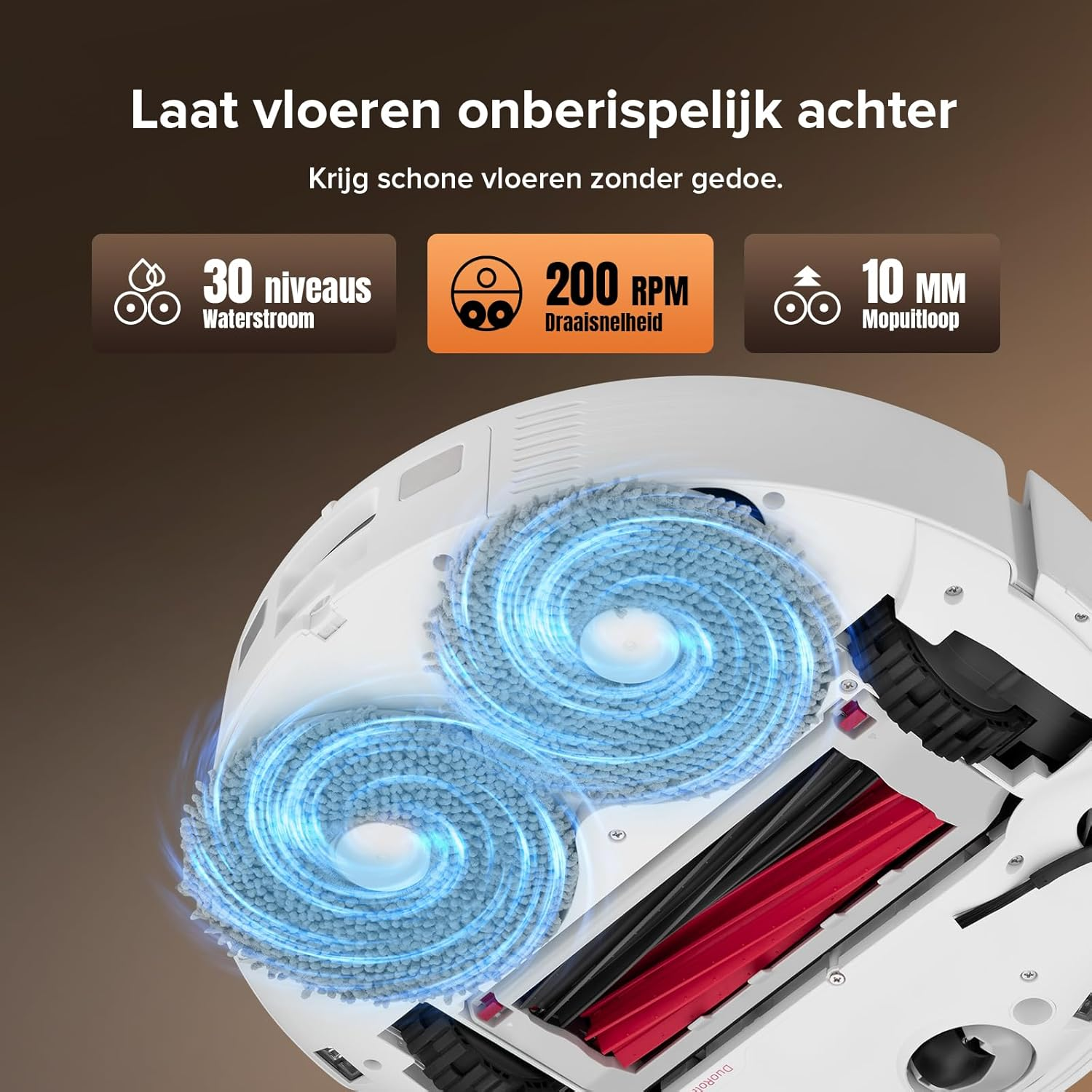 Een robotstofzuiger met roterende dweilpads, 30 waterniveaus, 200 RPM en 10 mm dweilhoogte.