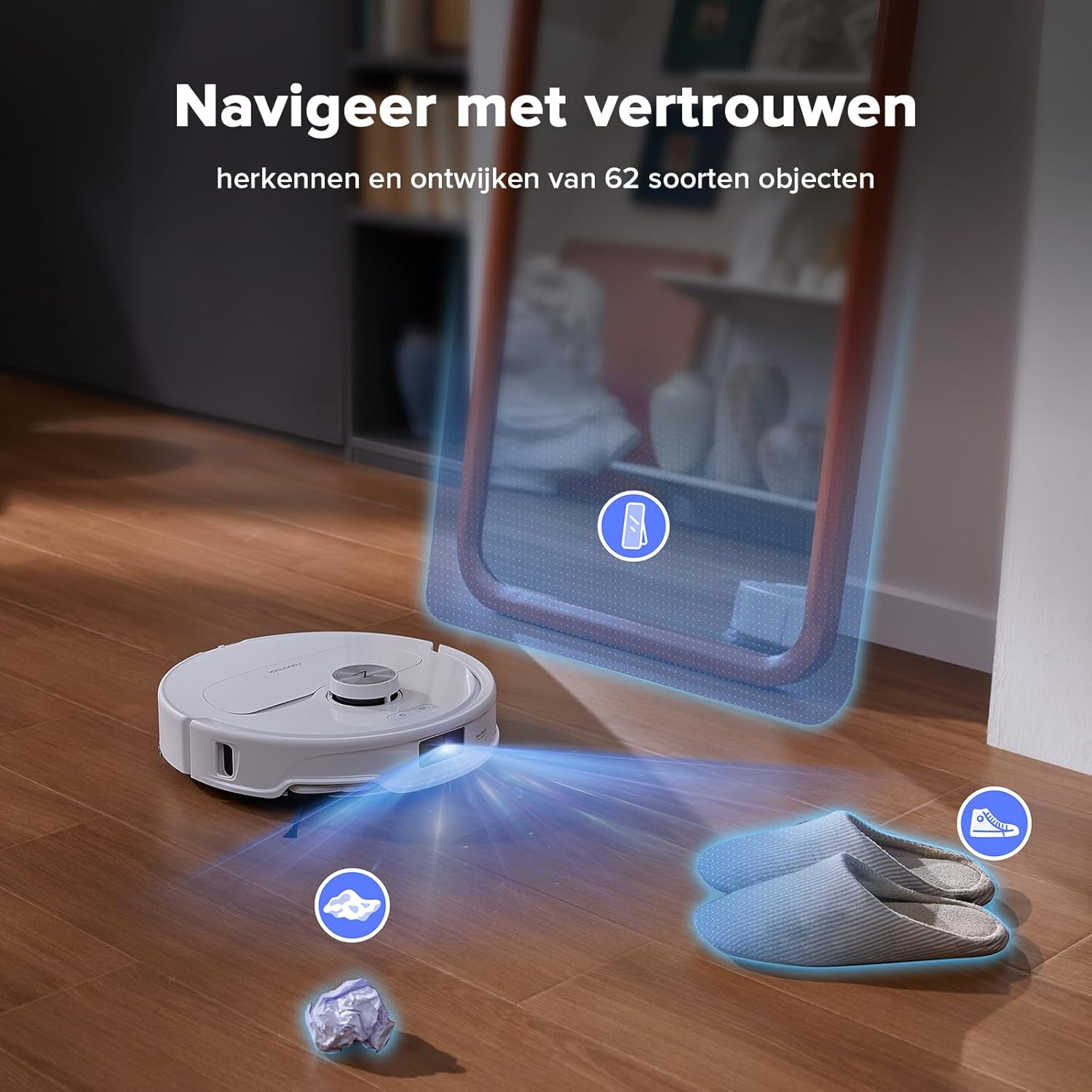 Een robotstofzuiger identificeert en vermijdt pantoffels en kreukpapier.