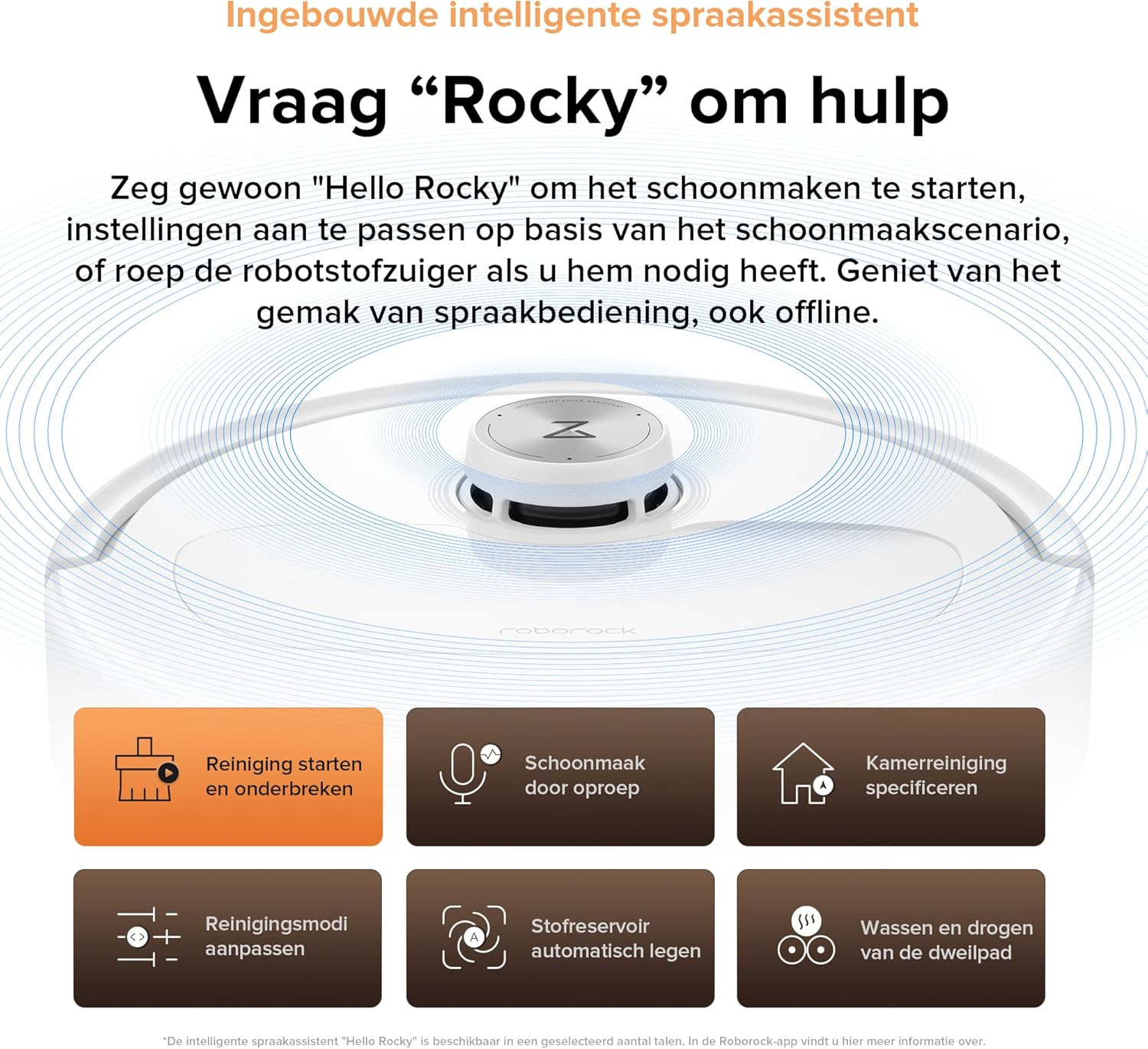 Robotstofzuiger met spraakbediening: starten, stoppen, modi, kamers, legen, wassen/drogen.