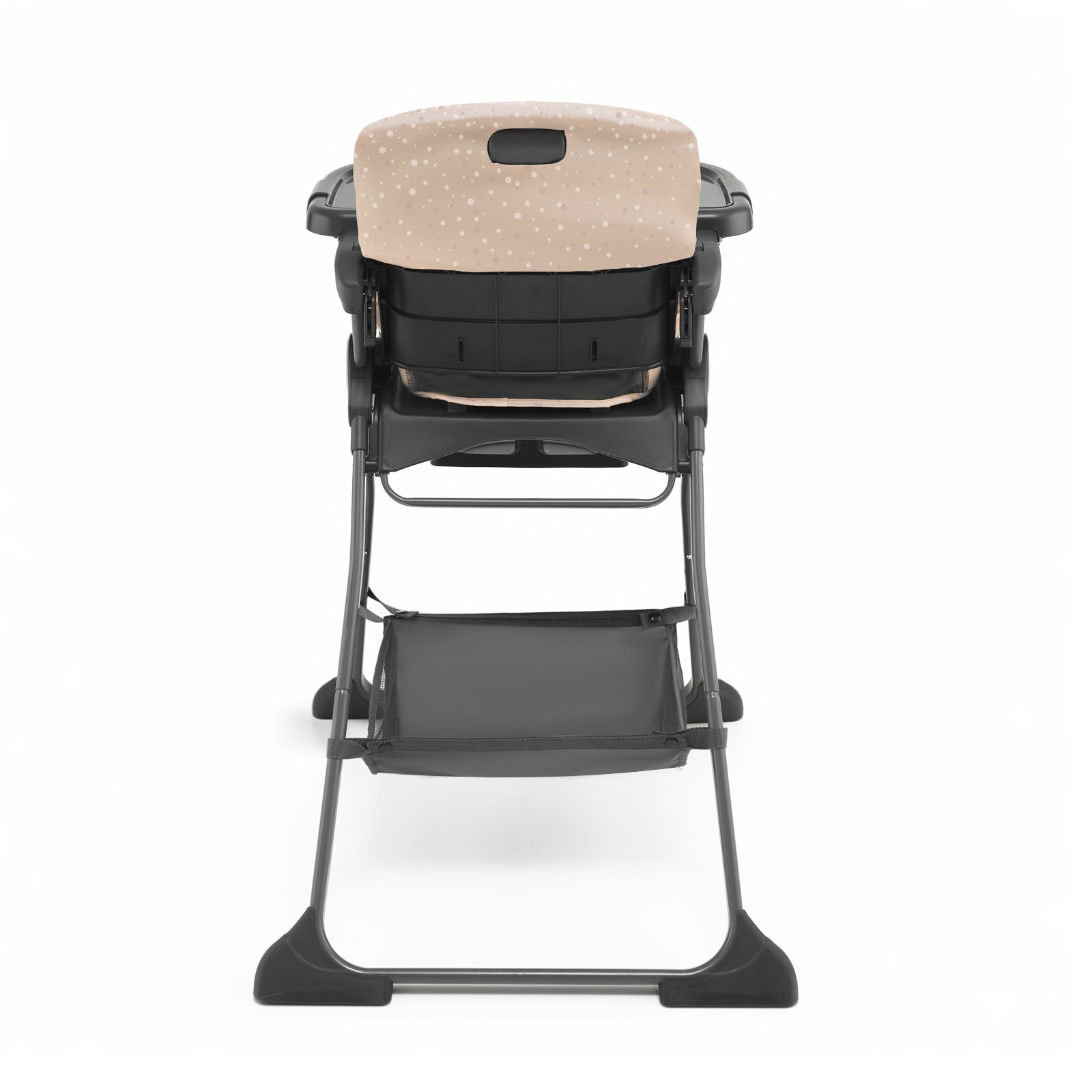 Ein zusammenklappbarer Hochstuhl mit beige-gepunktetem Sitz und schwarzem Tablett.
