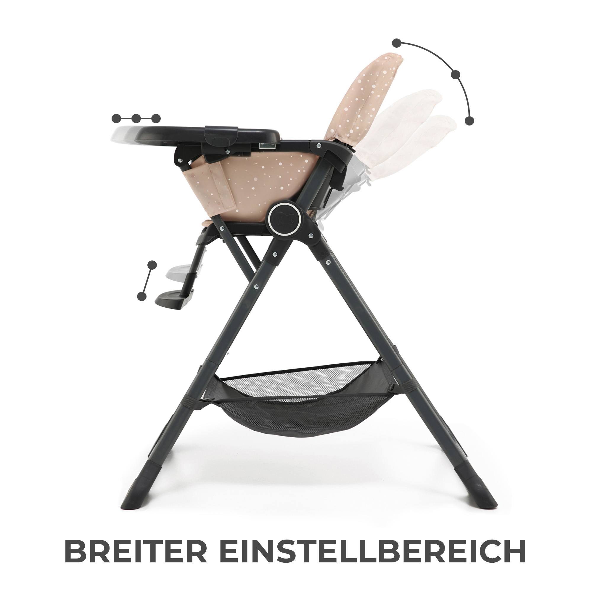 Verstellbarer Hochstuhl mit beige-gepunktetem Sitz und schwarzem Tablett.