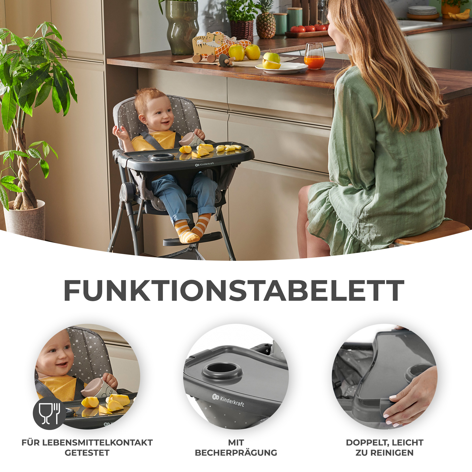 Ein Baby sitzt in einem Hochstuhl, eine Frau im Hintergrund. Detailbilder zeigen Tablettfunktionen.