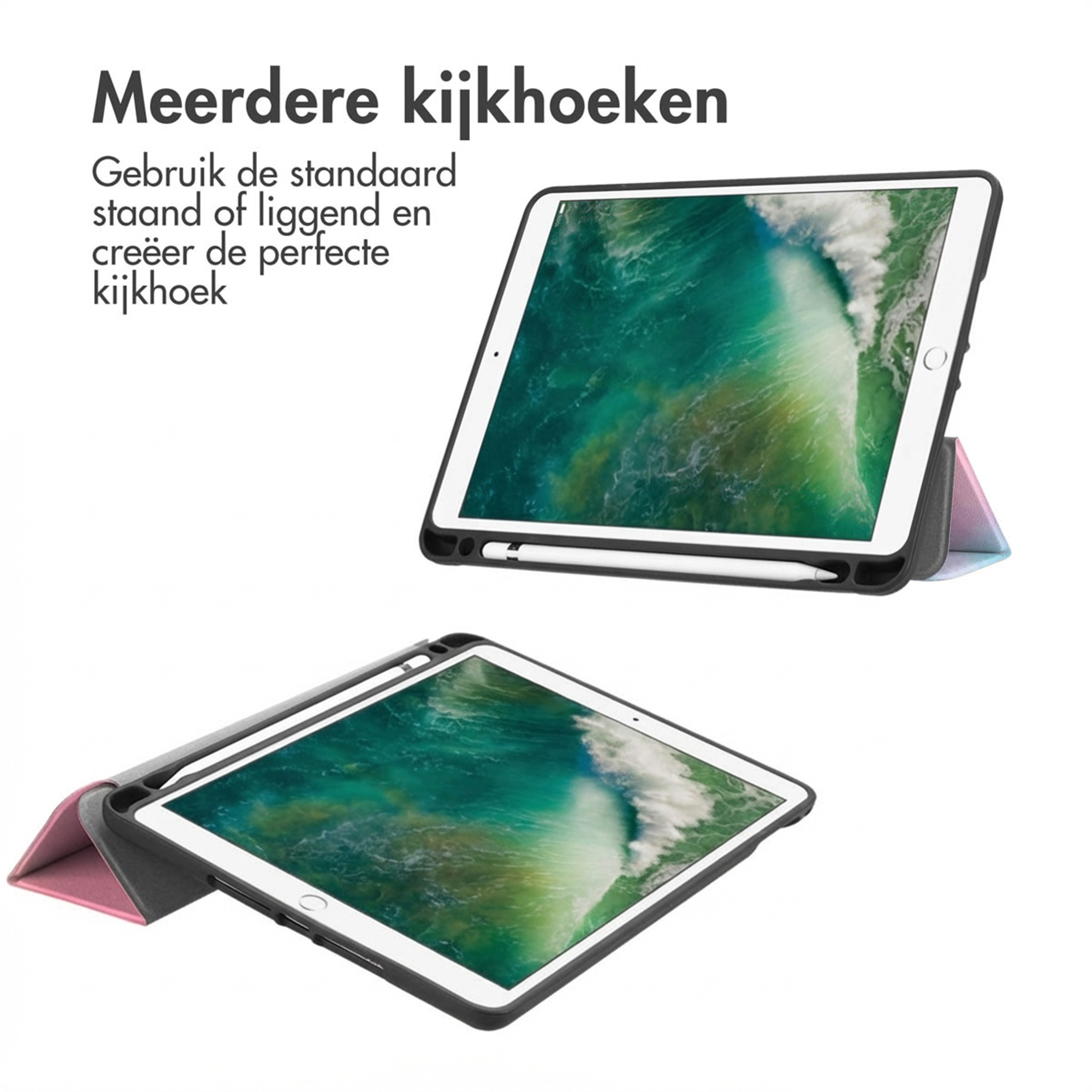 Twee weergaven van een tablet in een beschermhoes met penhouder.