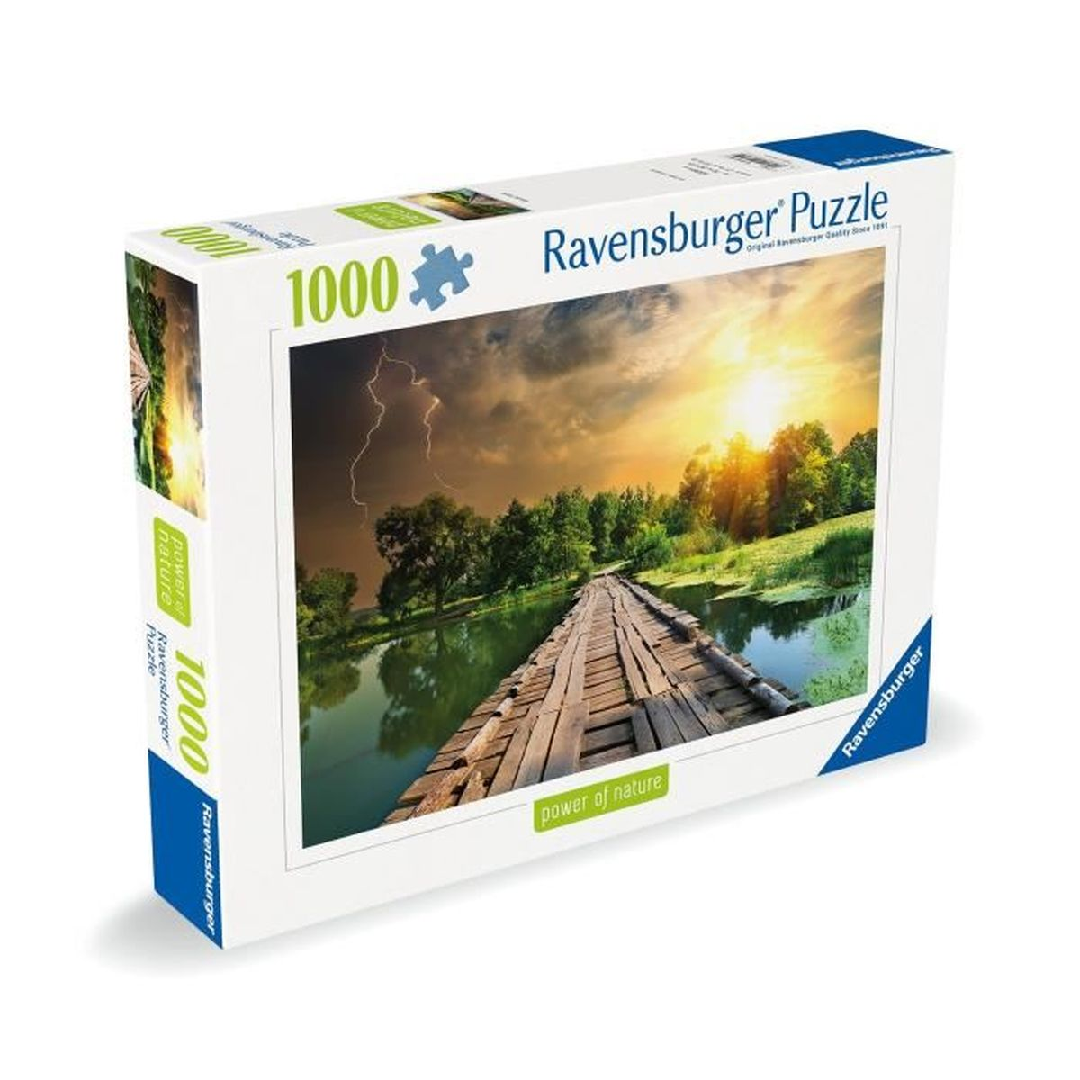Puzzle Ravensburger : Jetée en bois sur l'eau au coucher du soleil avec éclair.