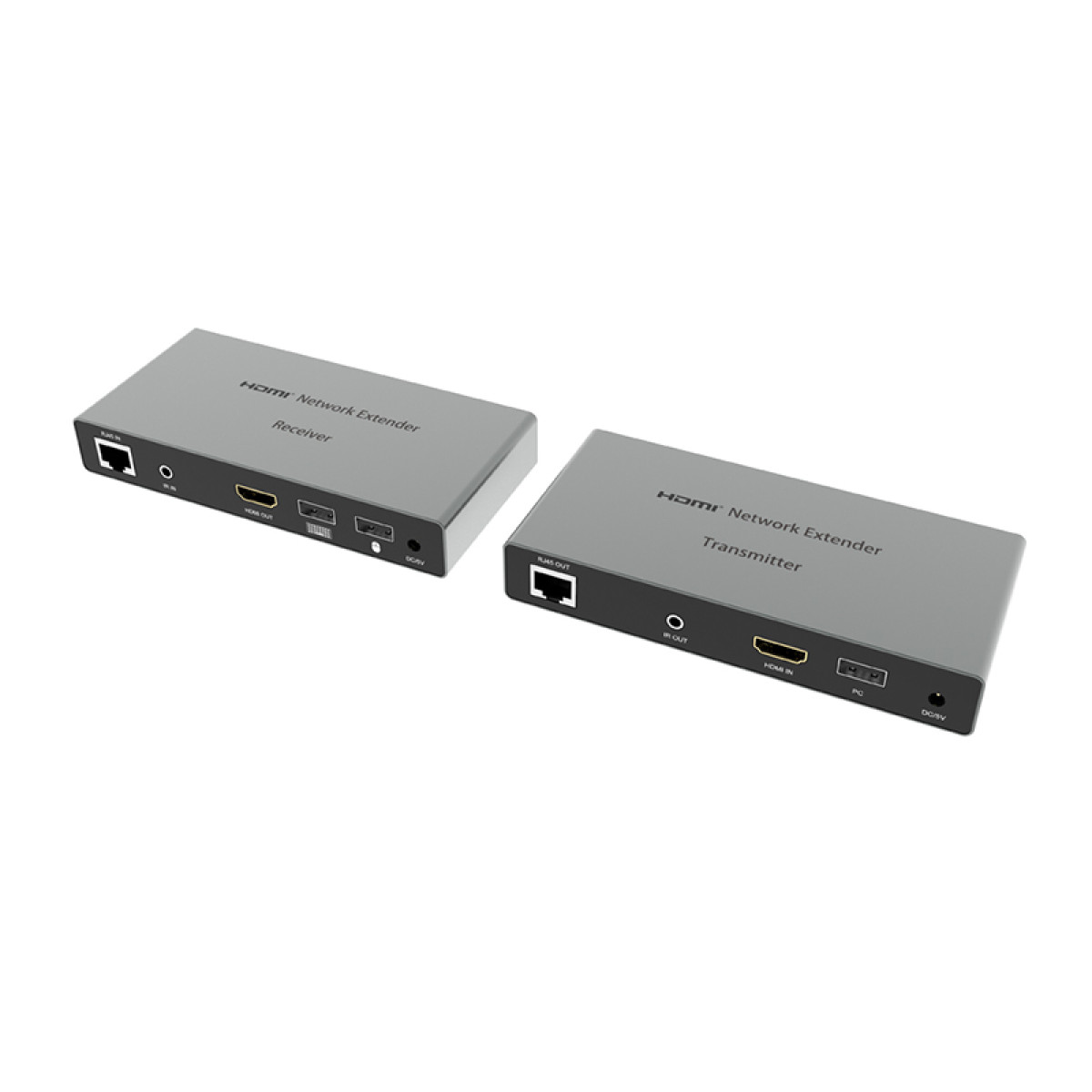 Zwei graue HDMI-Netzwerk-Extender, ein Empfänger und ein Sender, nebeneinander.