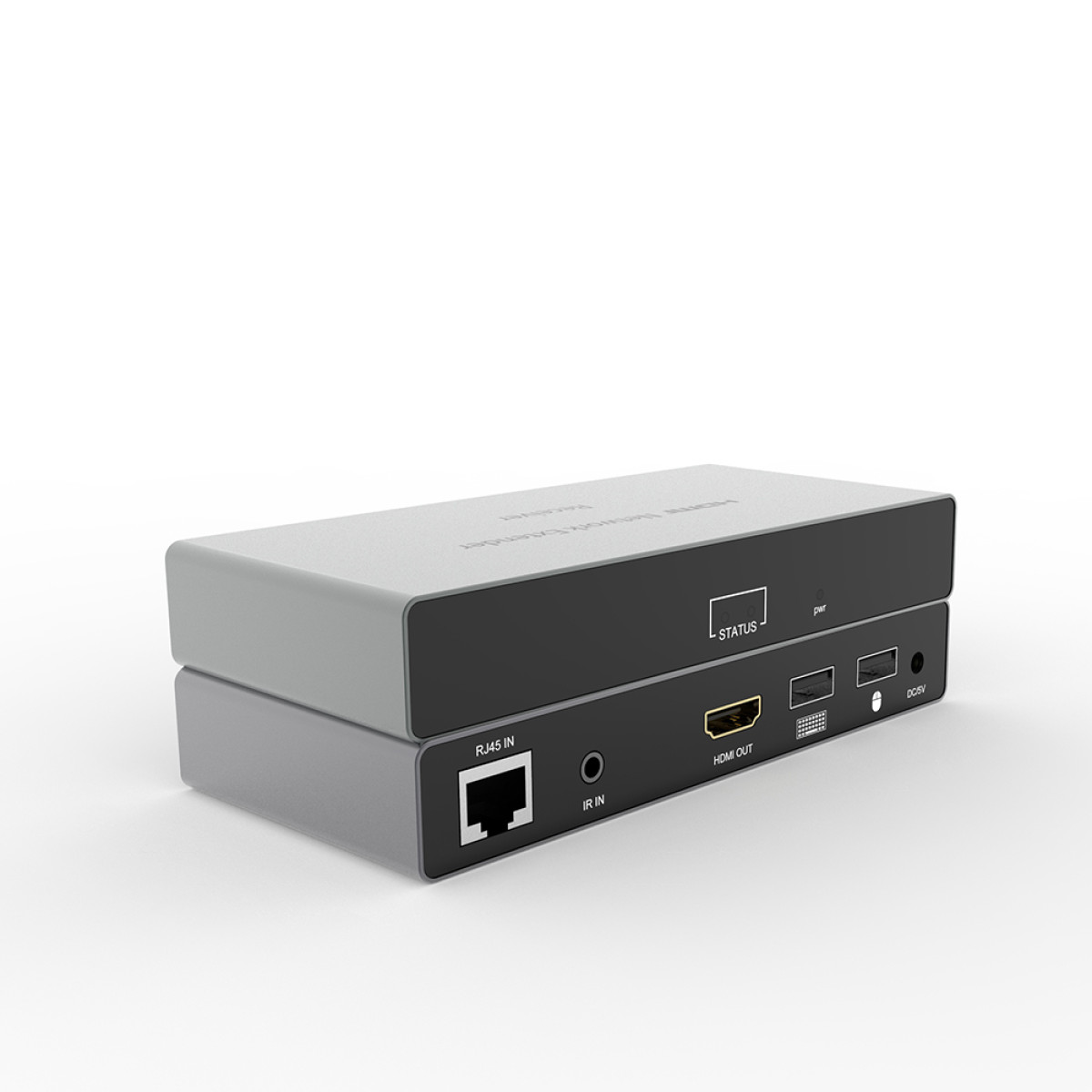 Zwei graue und schwarze Empfänger-Einheiten mit Anschlüssen wie RJ45, HDMI, DVI und DC5V.