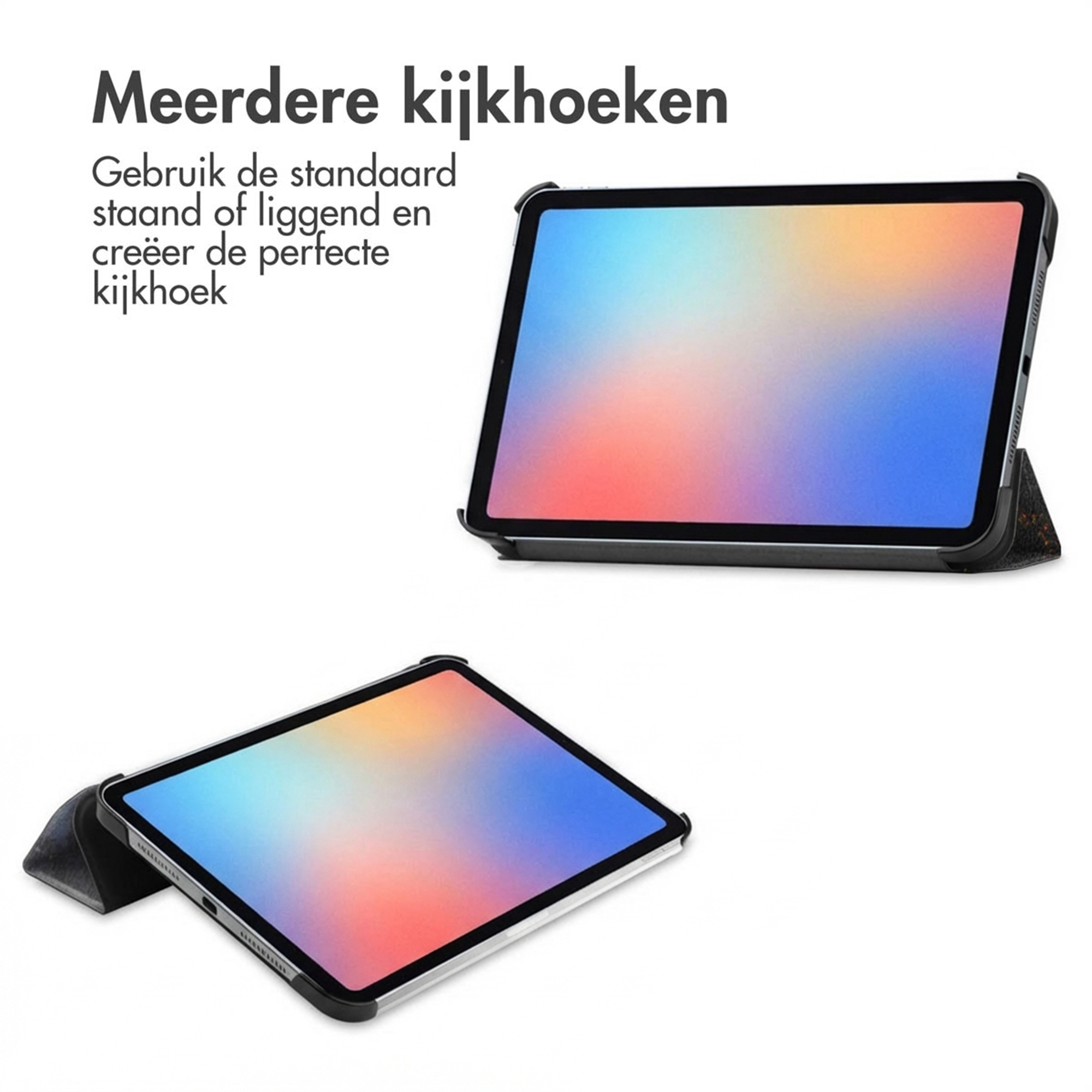 Twee tablets met kleurrijke schermen in beschermende hoezen, op witte achtergrond.