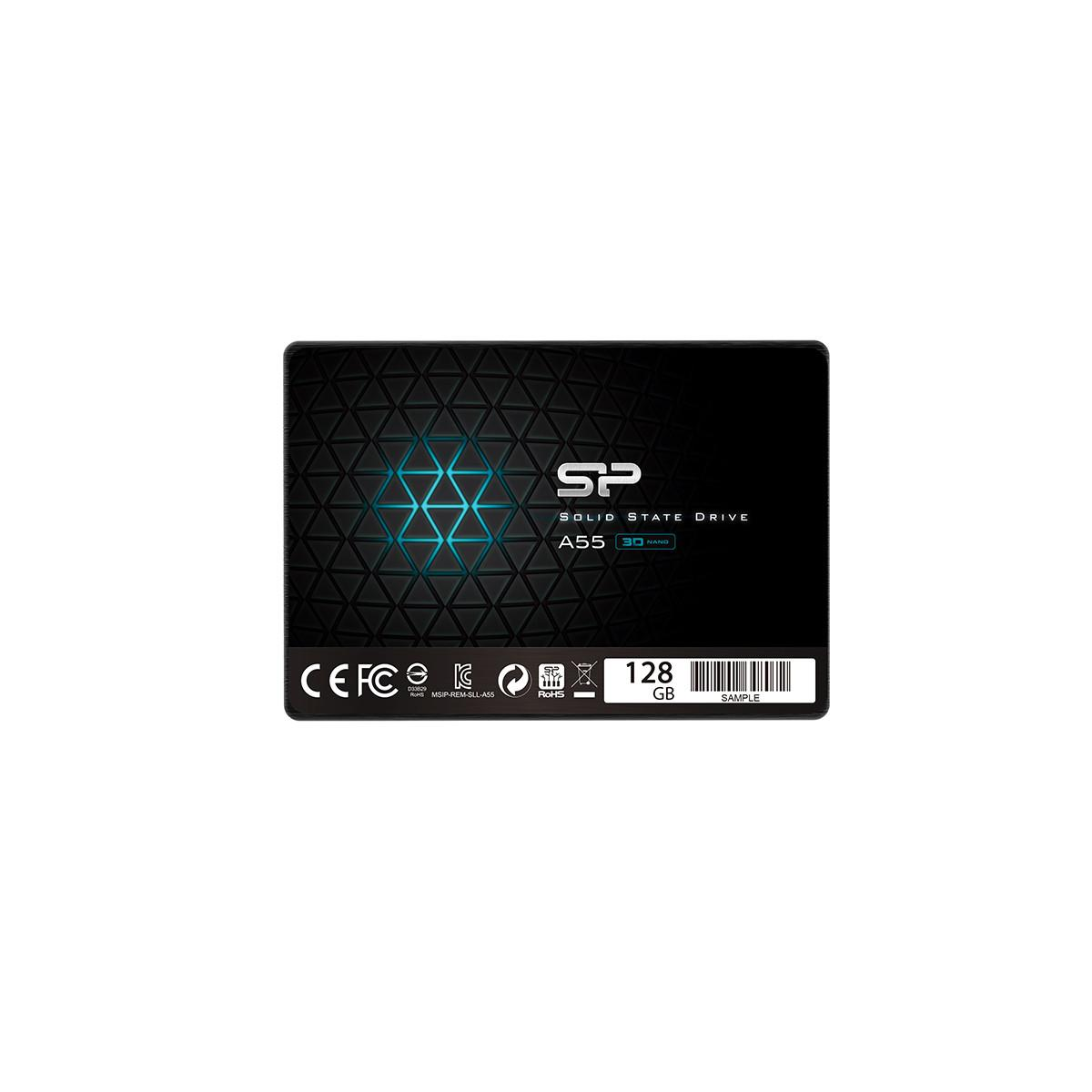 Czarny dysk SSD 128 GB z niebieskim wzorem geometrycznym.
