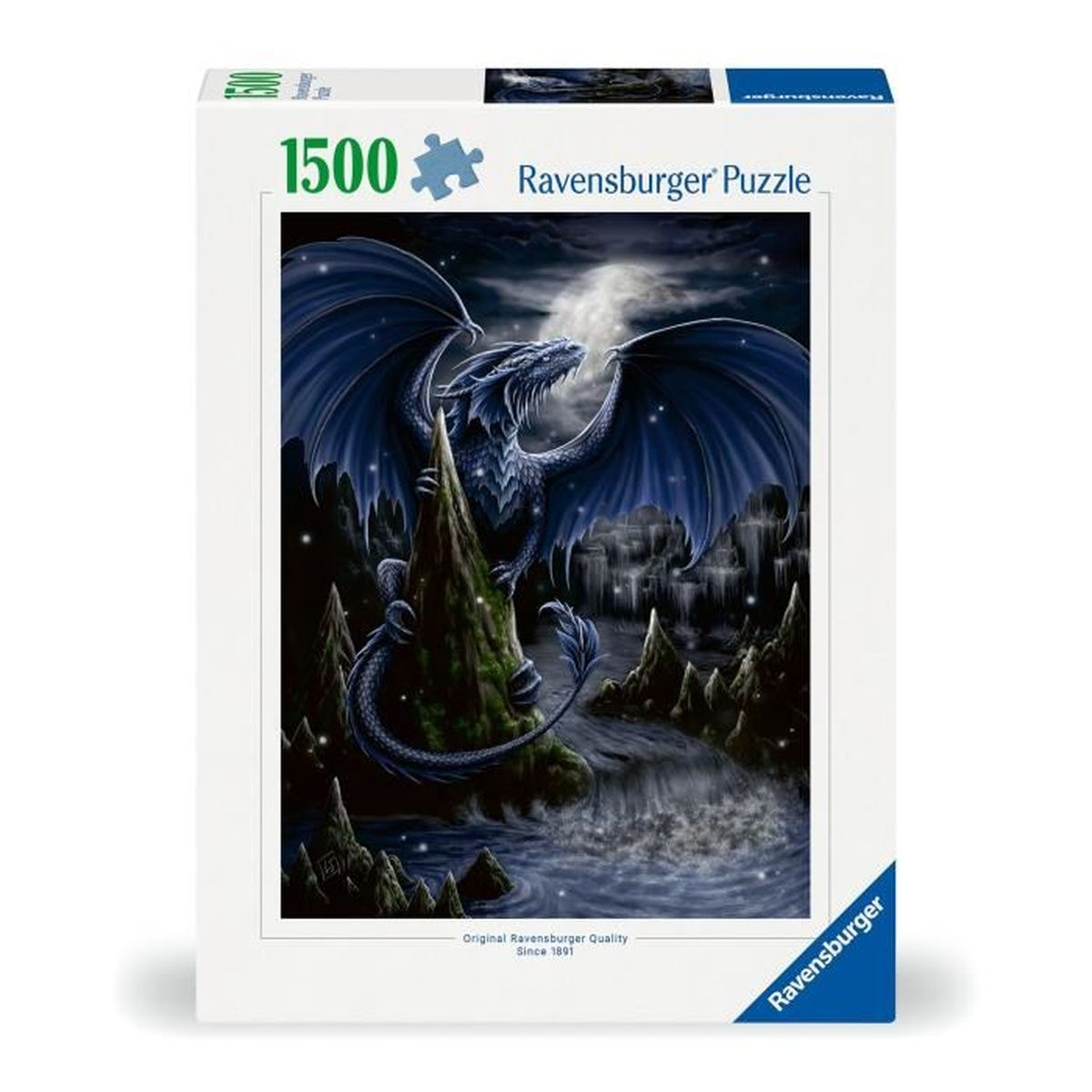 Un dragon bleu aux ailes déployées sur un rocher au-dessus d'une cascade. Ville en arrière-plan.