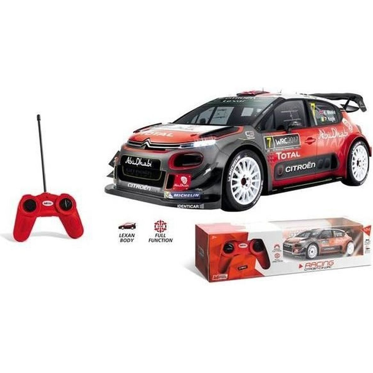 Ein rotes ferngesteuertes Auto mit Rallye-Aufdrucken, daneben ein Controller.