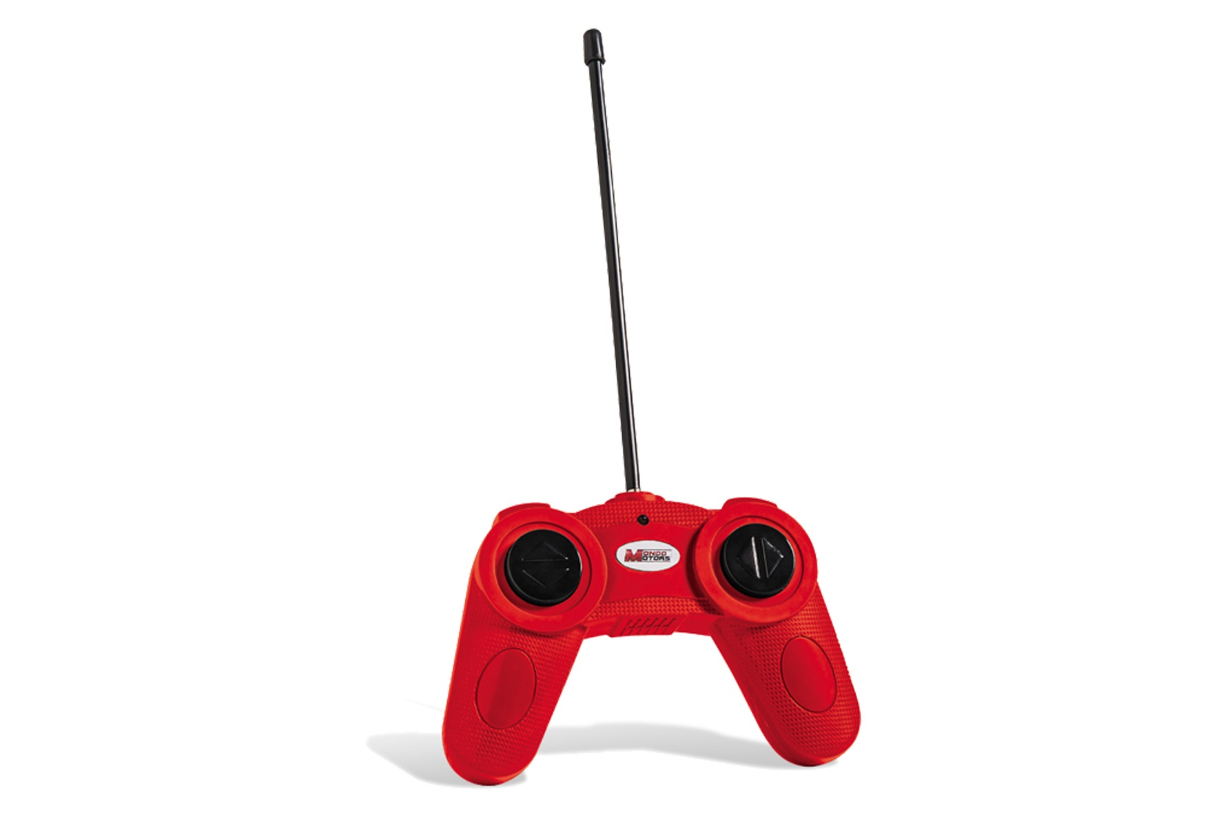 Ein roter ferngesteuerter Controller mit Antenne und schwarzen Knöpfen.