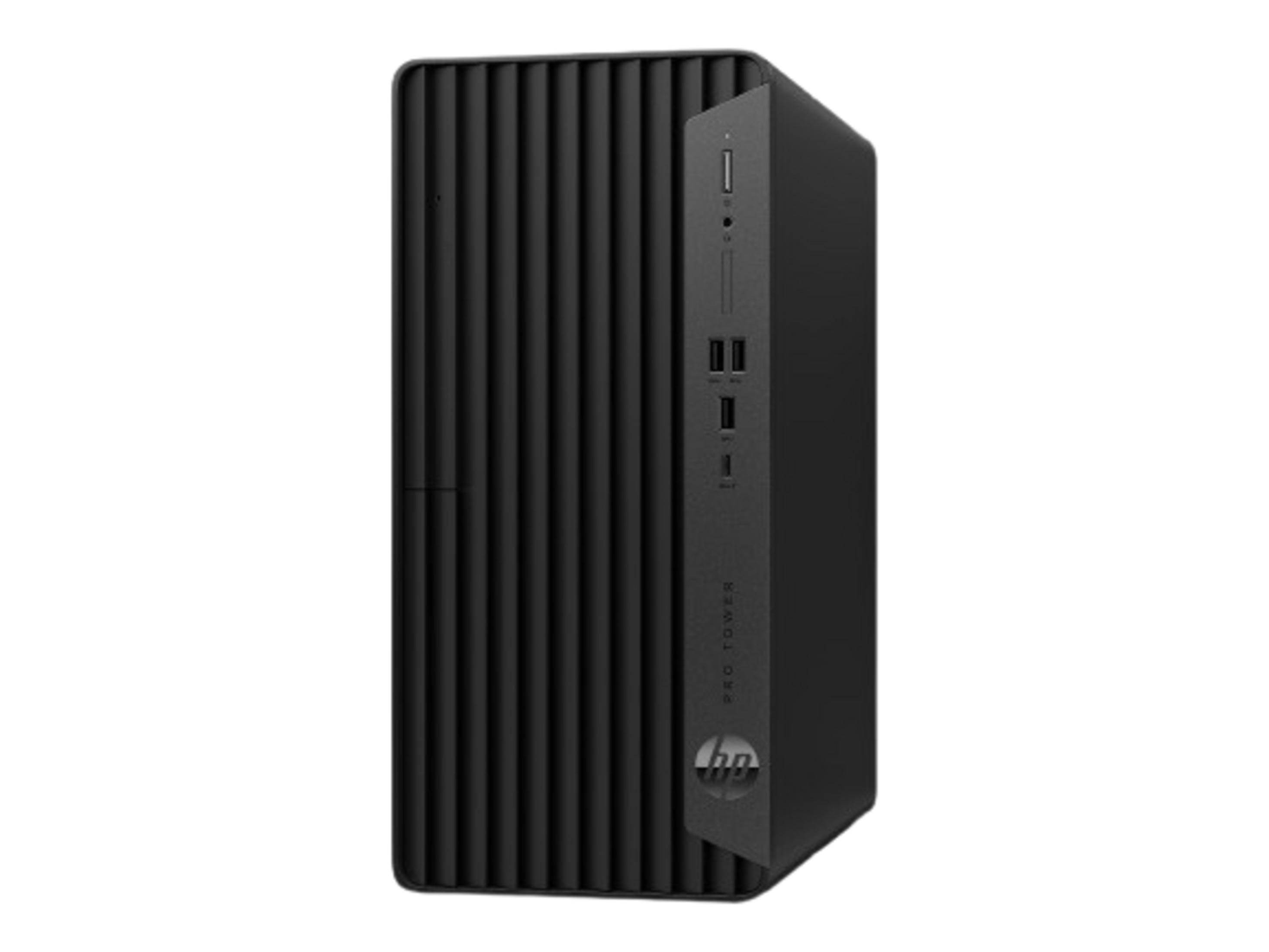 Ordinateur de bureau HP Pro Tower noir avec lignes verticales sur le panneau avant et ports.