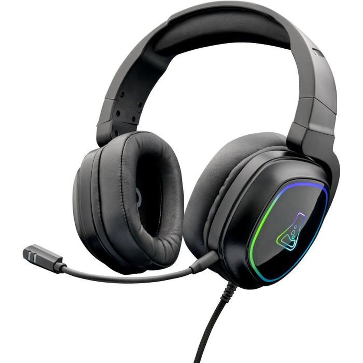Cuffie da gaming nere con microfono e illuminazione LED colorata sui padiglioni.