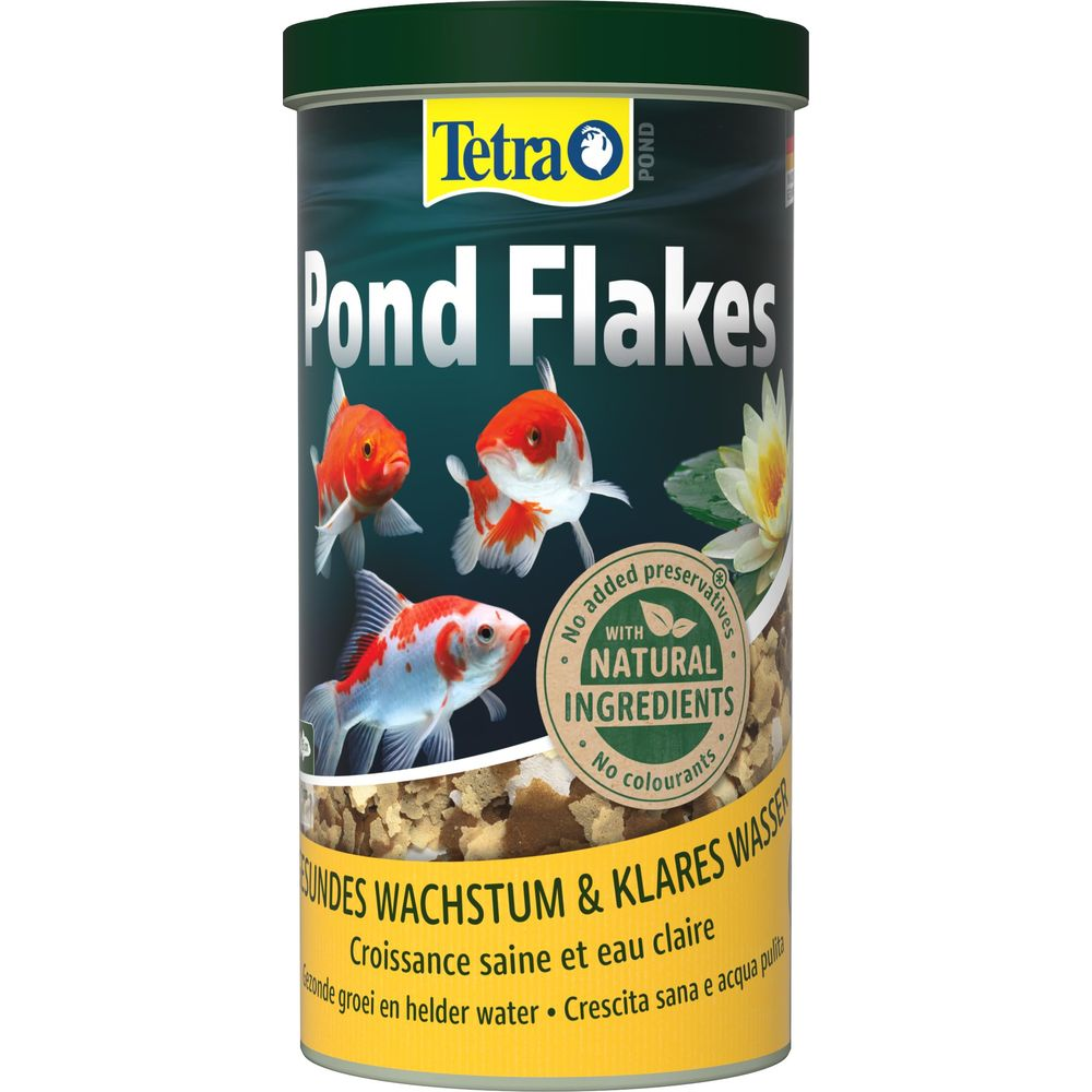 Tetra Pond Flakes Futterdose mit drei Goldfischen und einer Seerose.