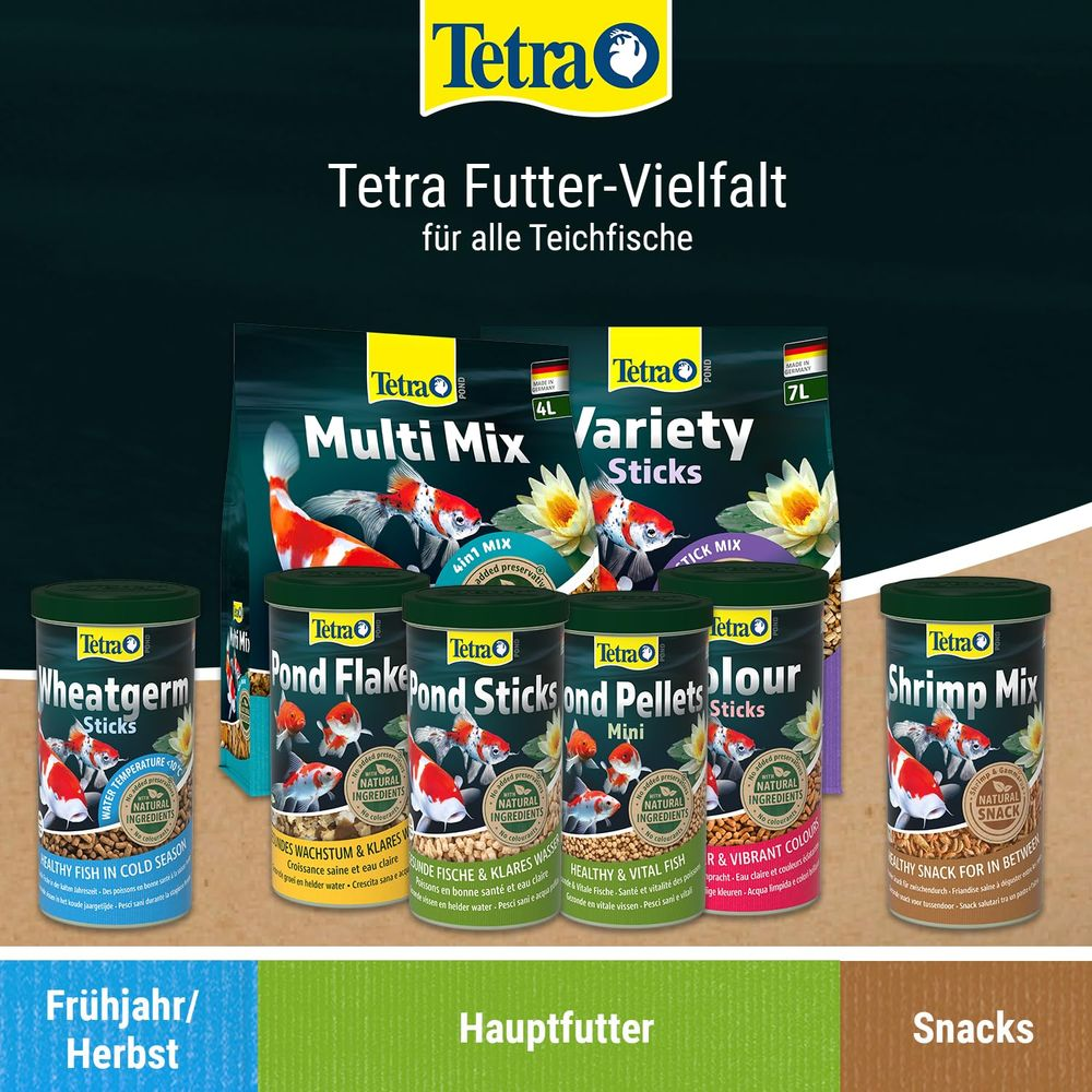 Tetra Fischfutter: Multi Mix, Variety Sticks, Wheatgerm, Pond Flakes, Pond Sticks, Pellets, Flour, Shrimp Mix.