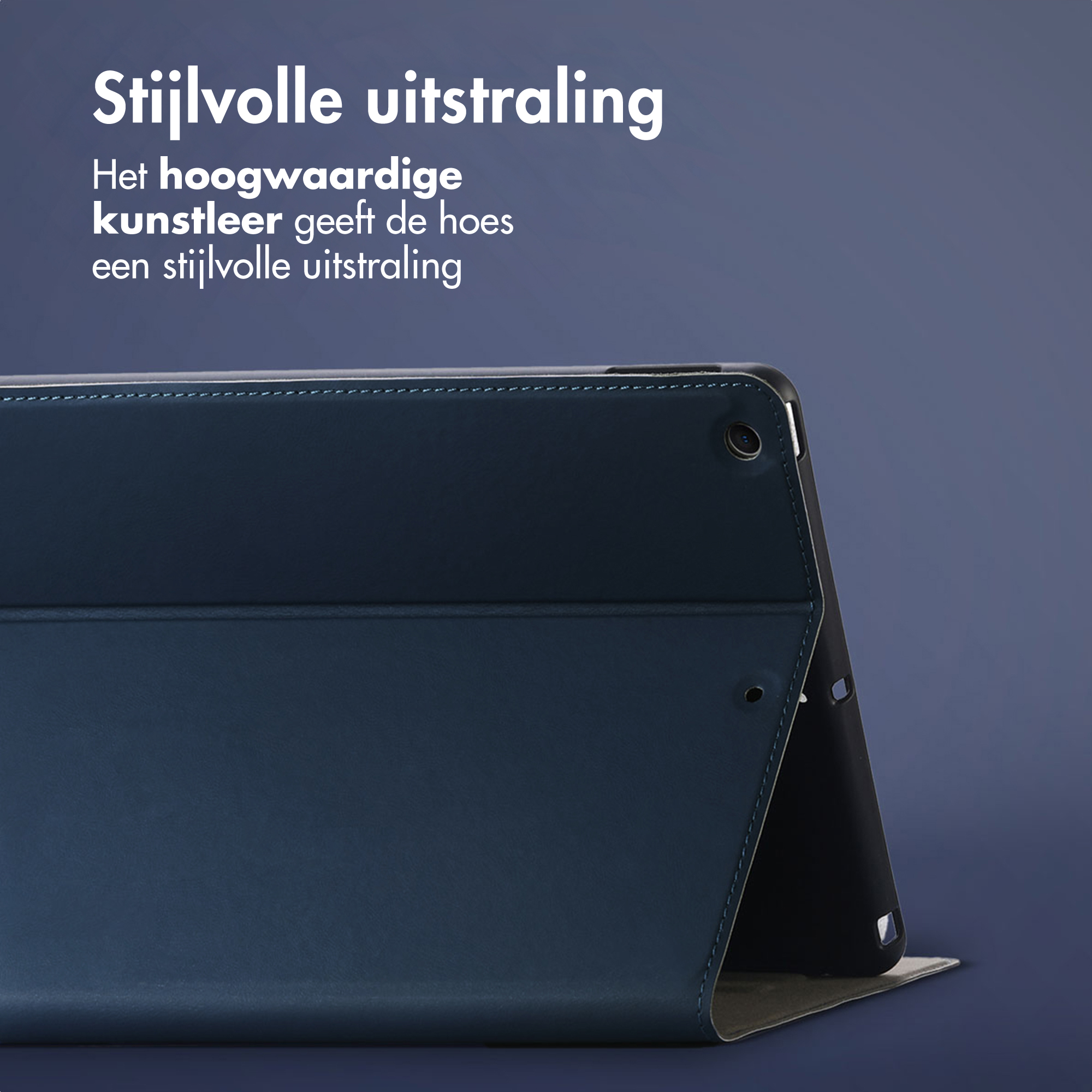 Dark blue faux leather tablet case with camera cutout, on a blue background.