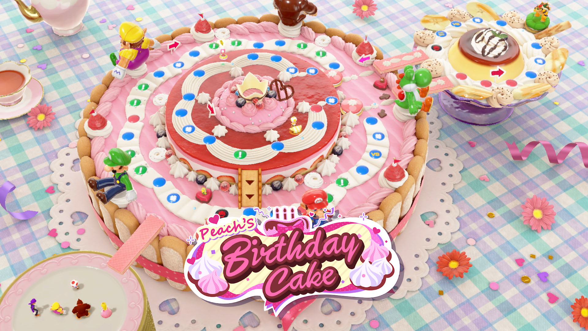Gra planszowa tort urodzinowy Peach z postaciami Mario na kratkowanym stole.