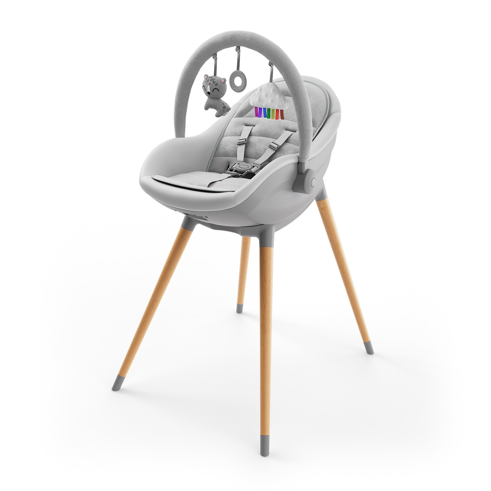 Grauer Babystuhl mit Holzbeinen und Spielzeug.