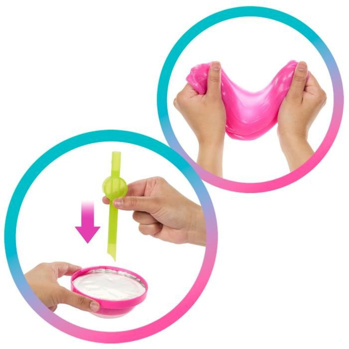 Hände formen rosa Schleim und mischen weiße Masse in Schüssel mit Strohhalm.