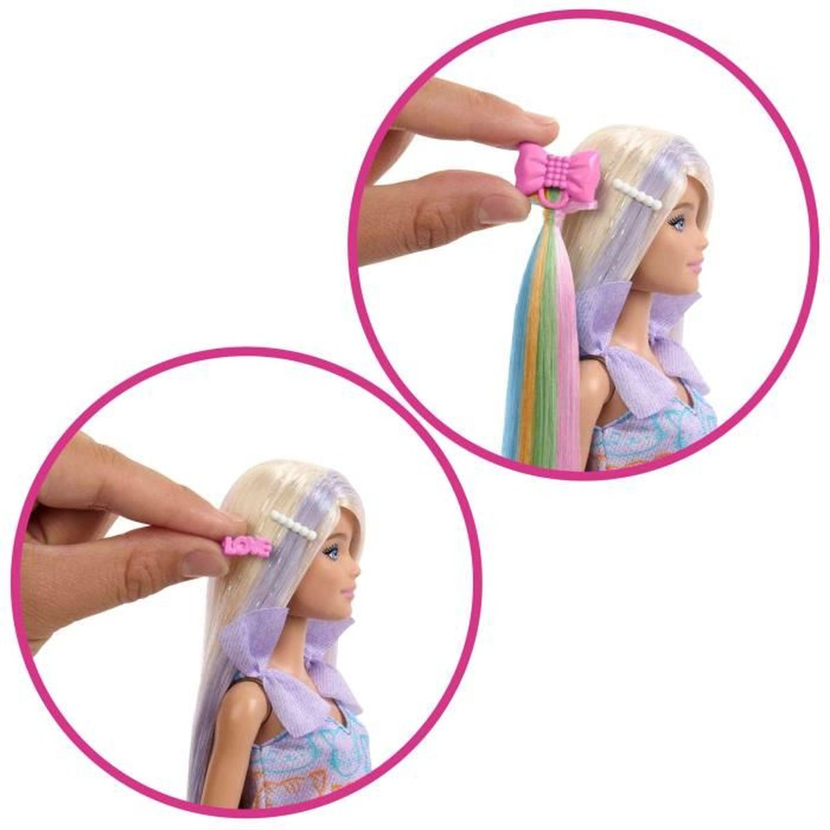 Eine Hand fügt einer Puppe mit bunten Haarsträhnen und einer rosa Schleife eine Haarklammer hinzu.