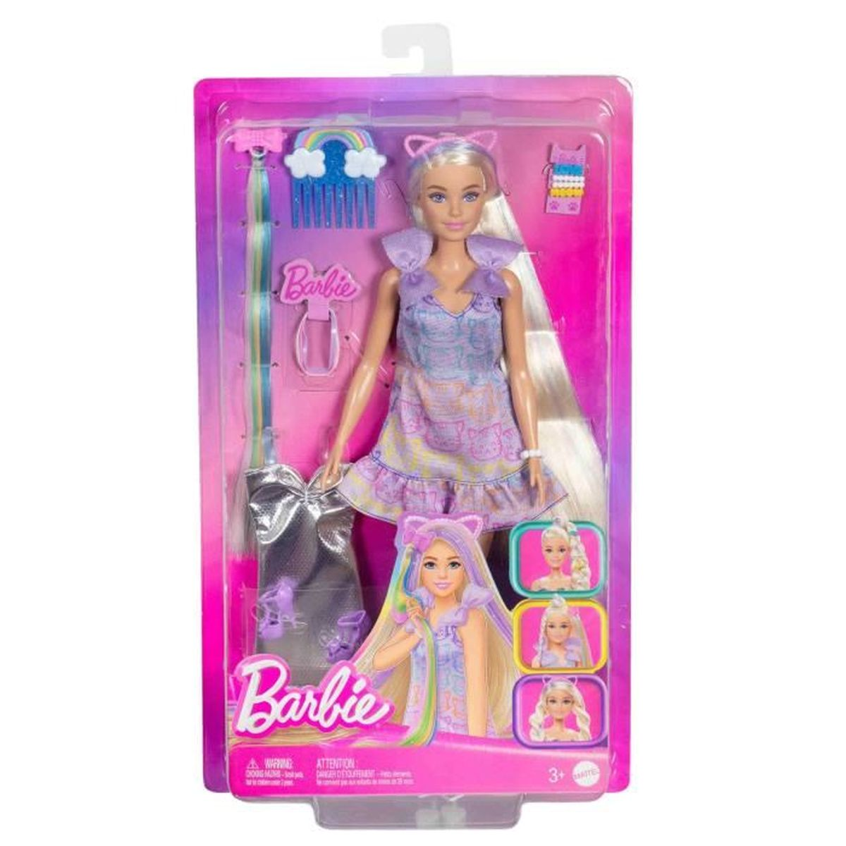 Barbie-Puppe in lilafarbenem Kleid mit Katzenmuster, Zubehör: Regenbogenkamm, Haarteile, Tasche.