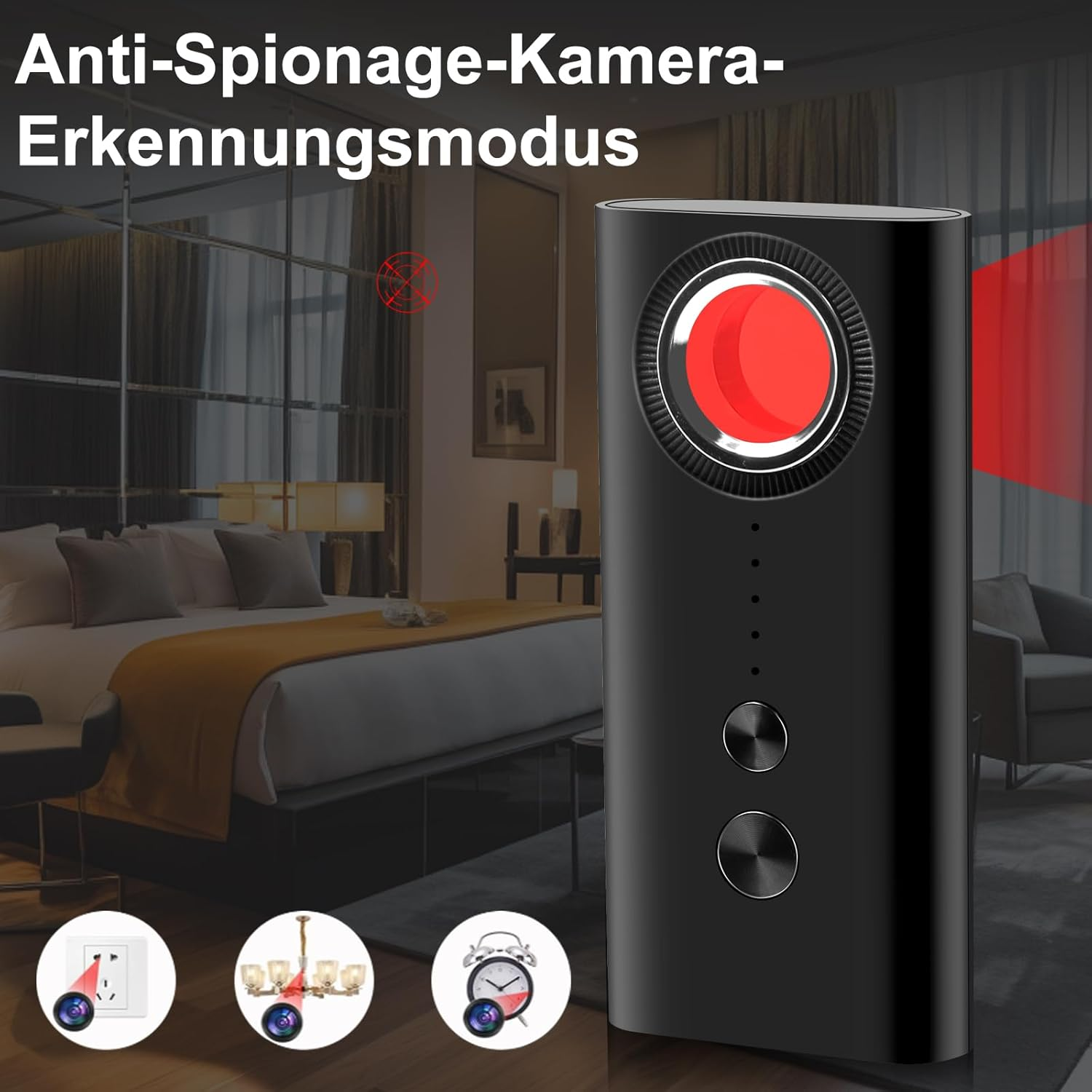 Schwarzer Kamerasucher mit rotem Licht in einem Schlafzimmer-Setting.