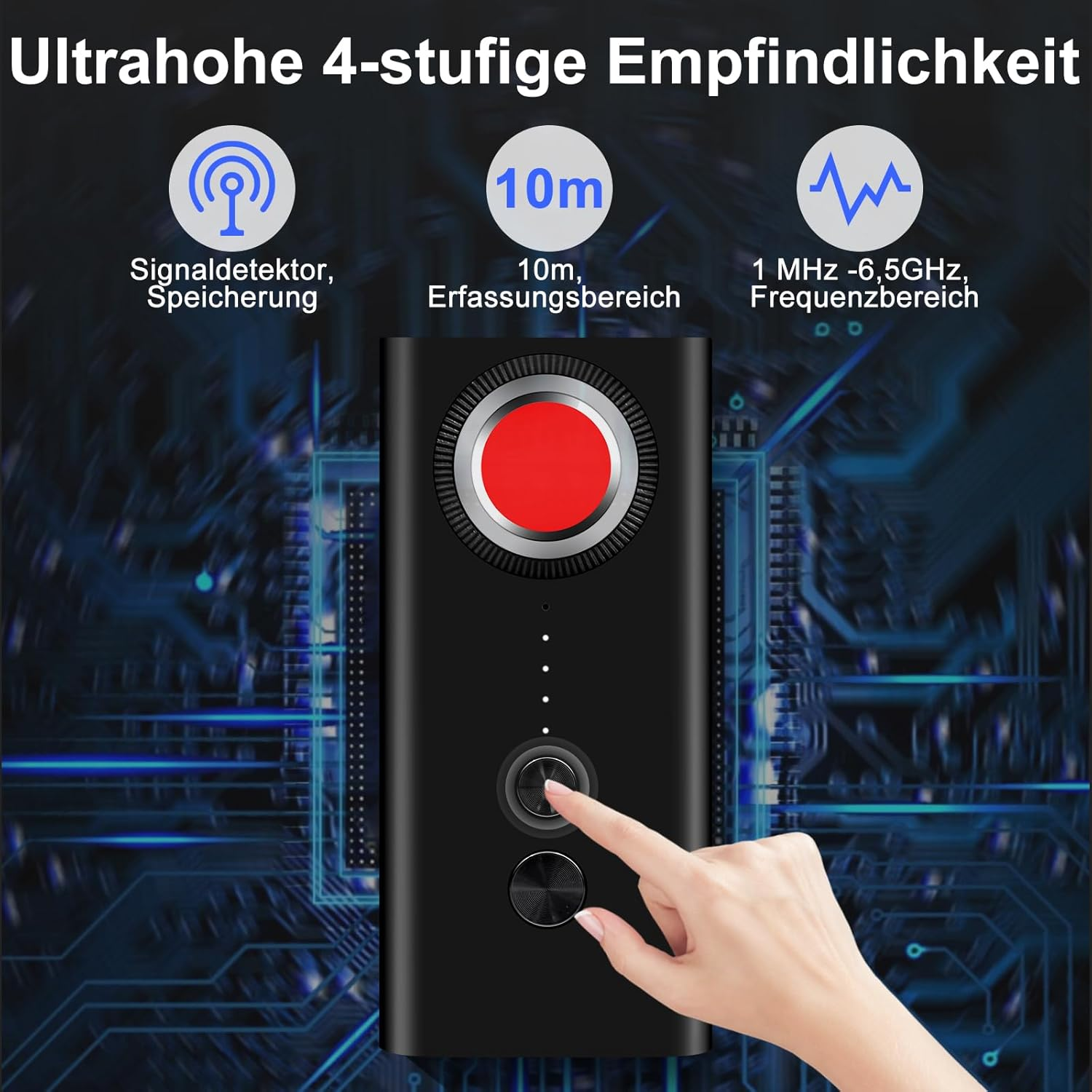 Schwarzes Gerät mit rotem Knopf, eine Hand drückt Knopf. Titel: Ultrahohe Empfindlichkeit.