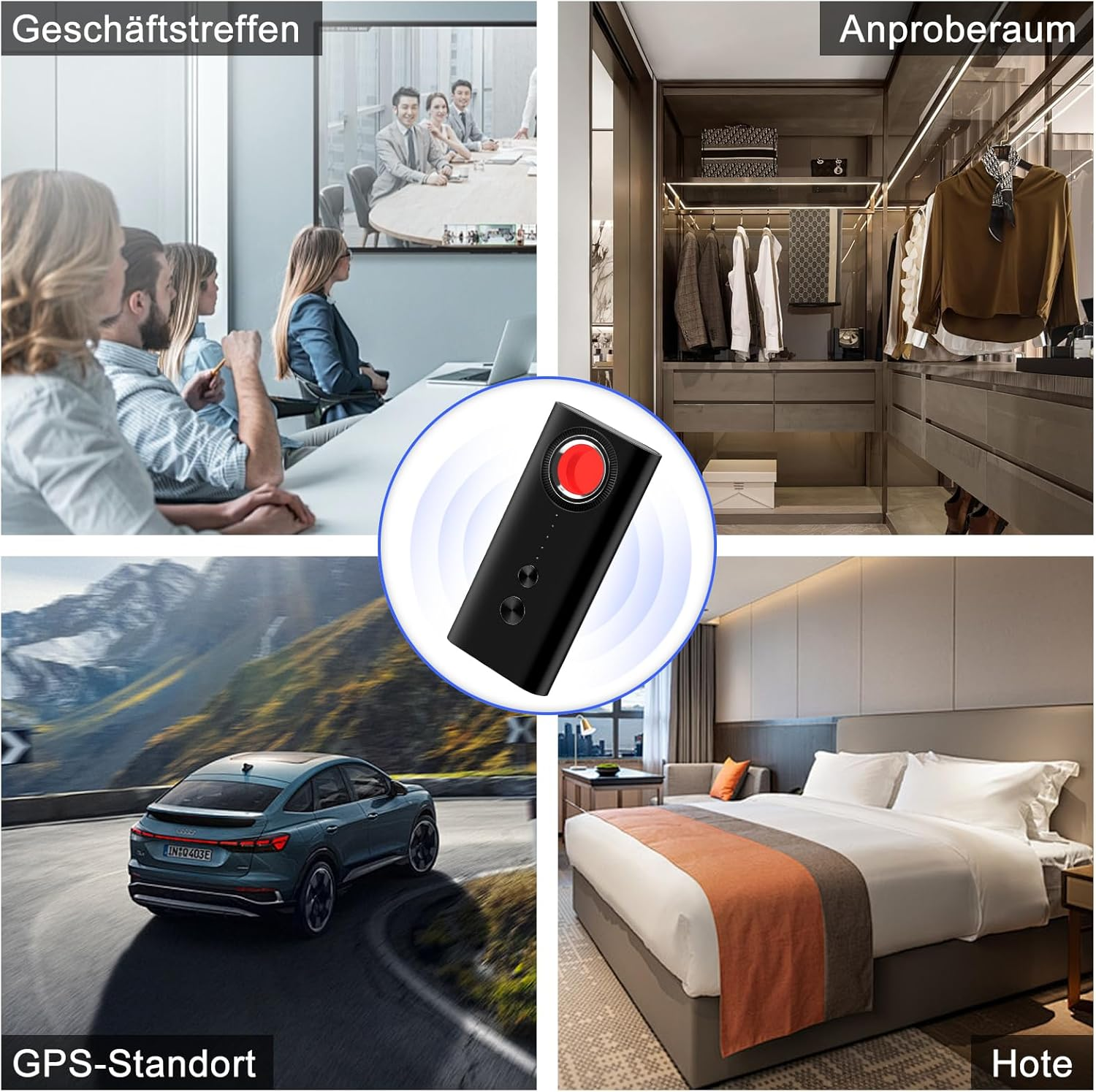 Geschäftstreffen, Anprobe, GPS-Standort, Hotel und ein Ortungsgerät.