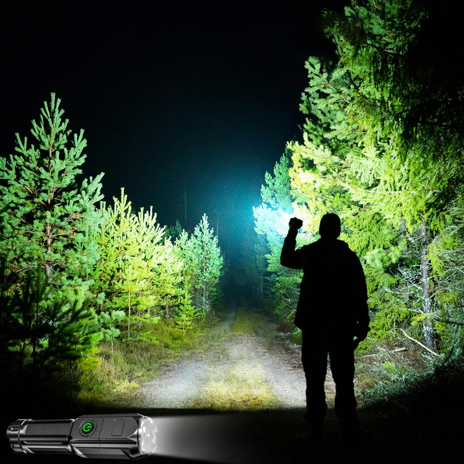 Ein Mann steht auf einem Waldweg und leuchtet mit einer Taschenlampe in die Nacht.