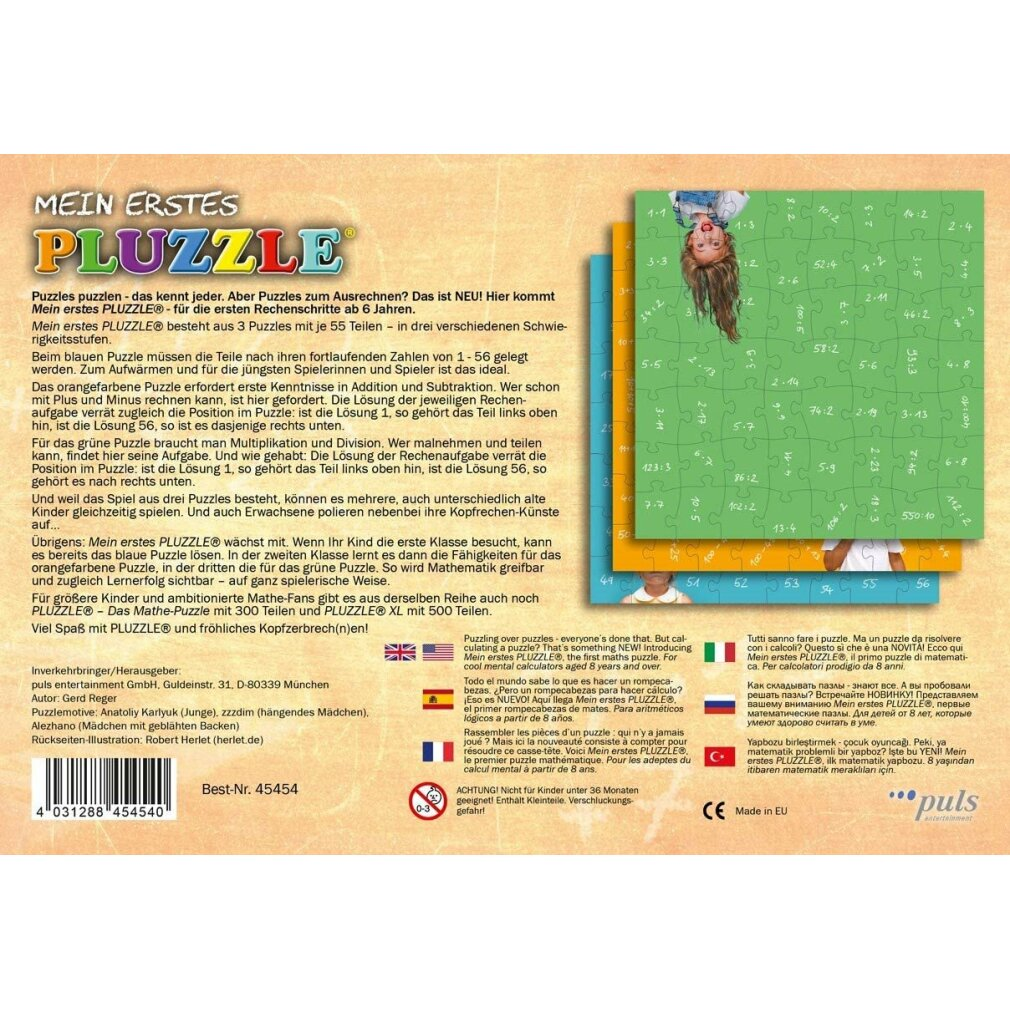 Verpackung für ein Mathe-Puzzle-Spiel mit mehreren Teilen und Aufdrucken.