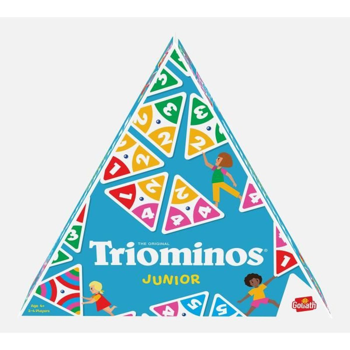 La scatola del gioco Triominos Junior mostra una piramide con triangoli colorati.