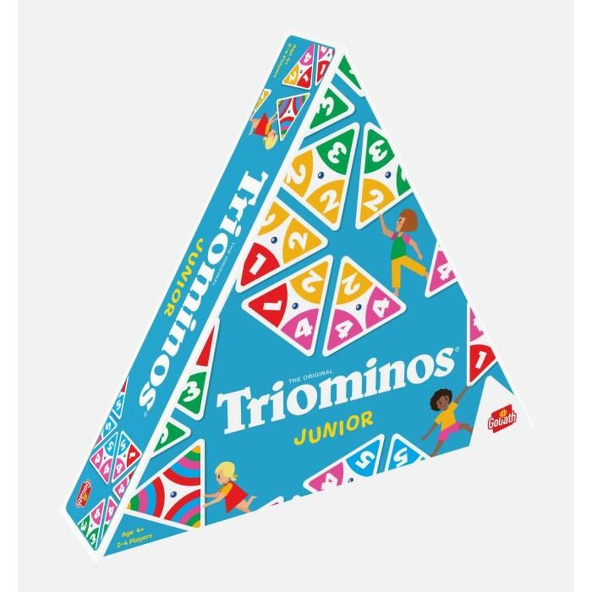 Una scatola del gioco blu Triominos Junior con triangoli e numeri colorati.