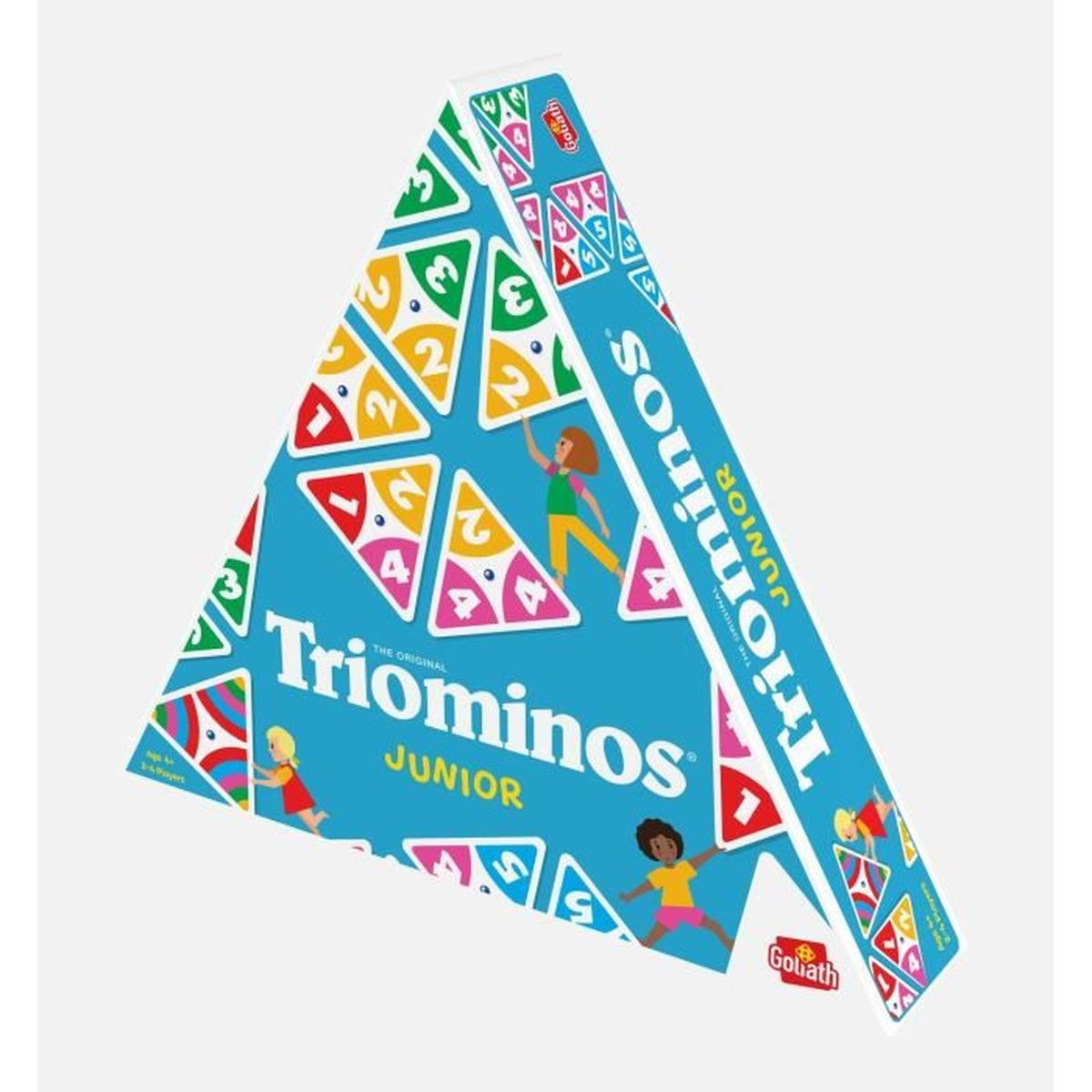 Confezione del gioco Triominos Junior con triangoli colorati e bambini.