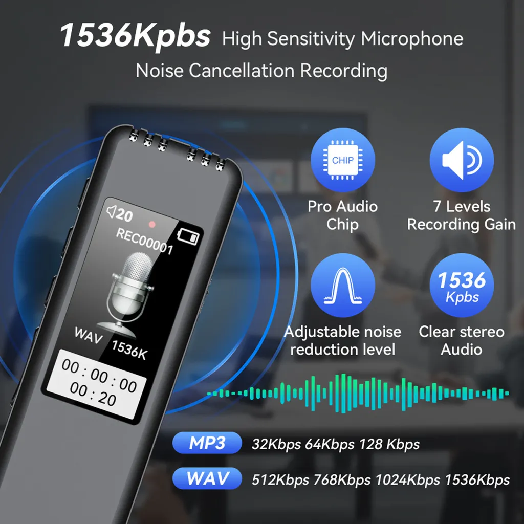 Schwarzer Rekorder mit Bildschirm, der 1536Kbps, WAV-Aufnahme und Zeit anzeigt. Mehrere blaue Symbole mit Text.