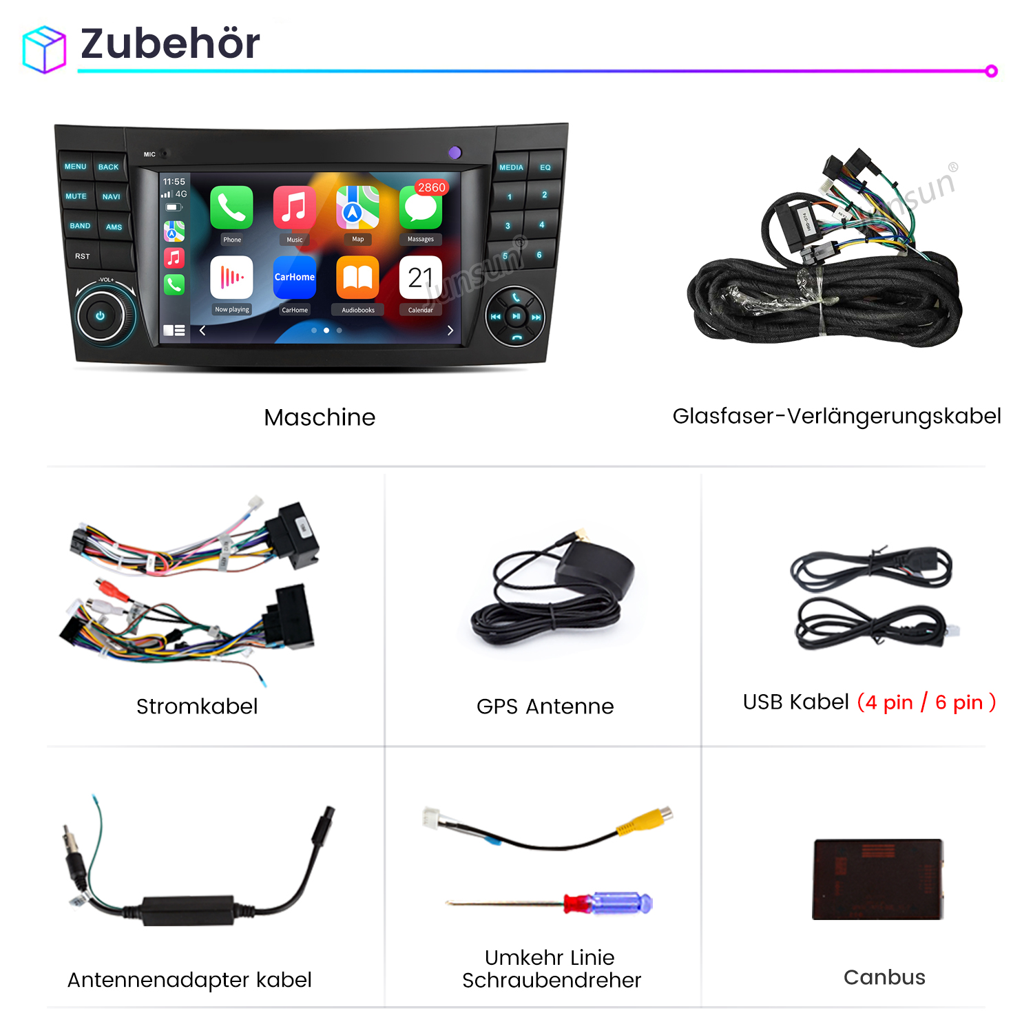 Ein Autoradio mit Apple CarPlay, diverse Kabel, eine GPS-Antenne, USB-Kabel und Werkzeug.