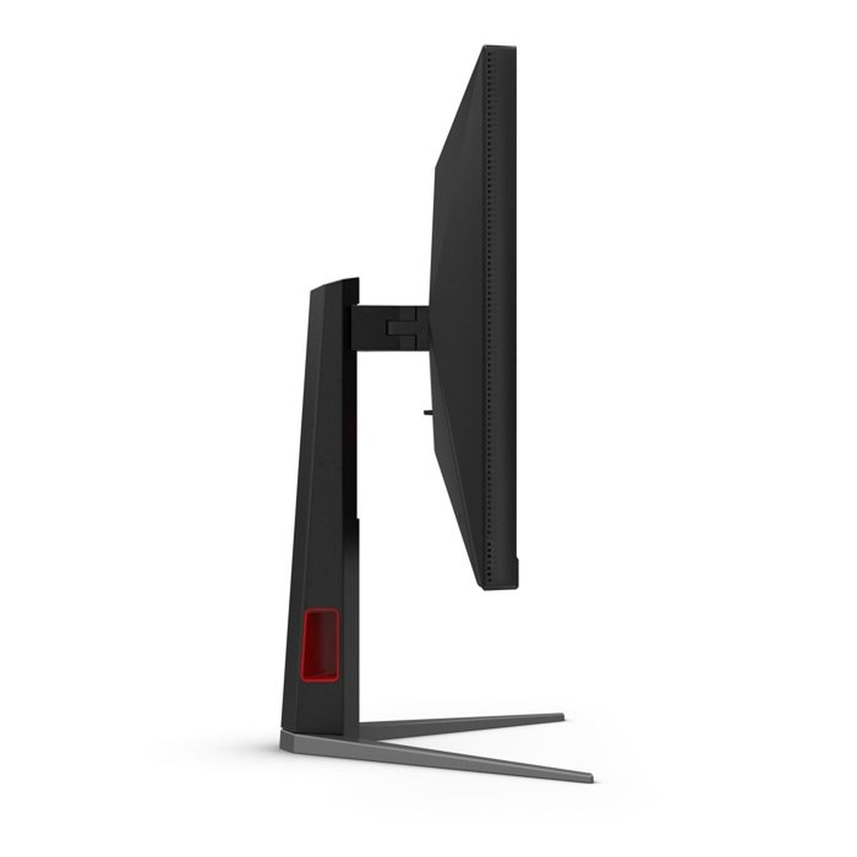 Black computer monitor on a gray stand with red accents on a white background.