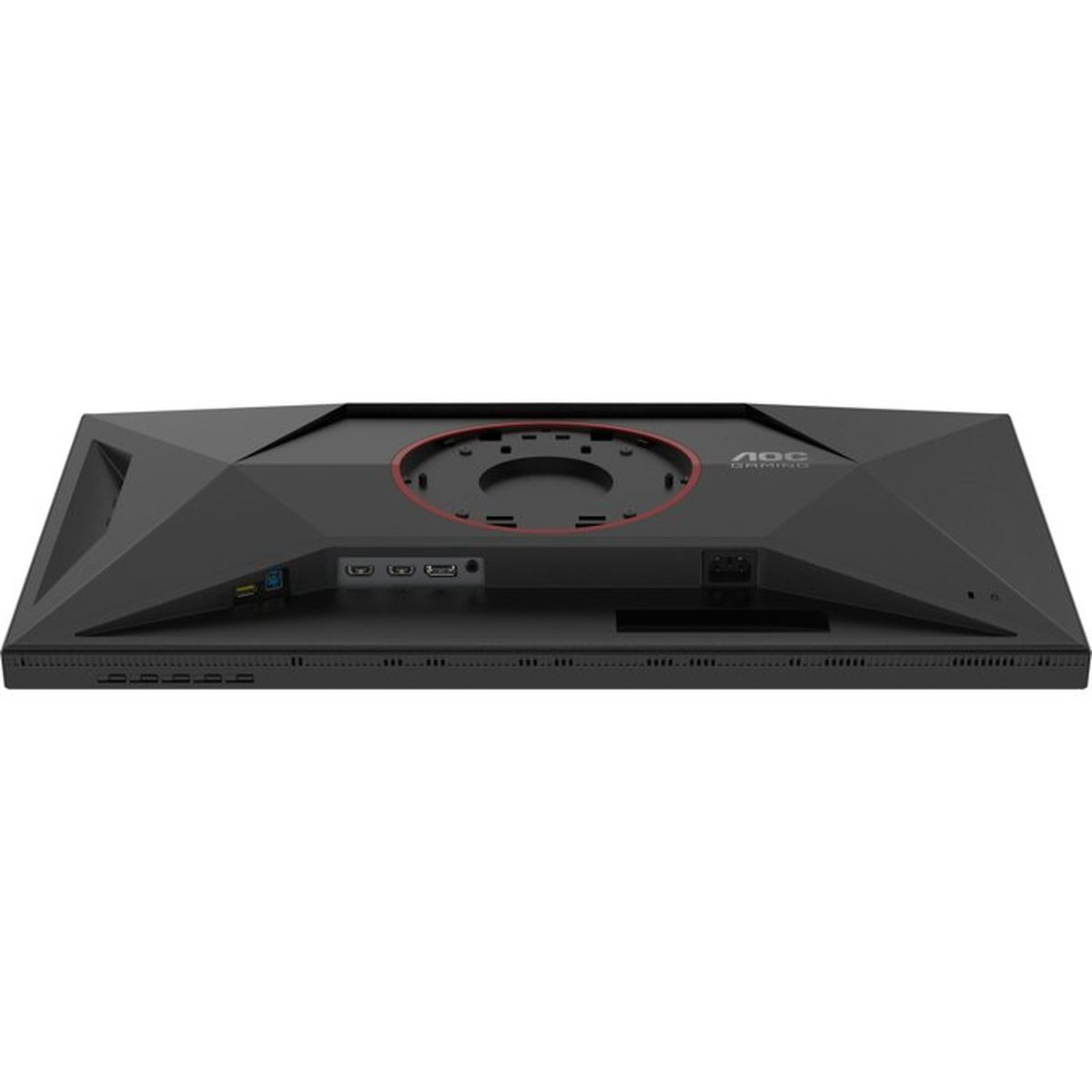 Back of a black AOC gaming monitor with ports and red accents on the stand mount.
