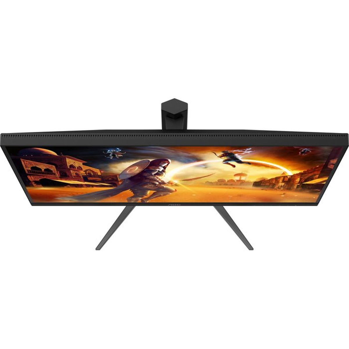 A gaming monitor displays a scene with warriors in front of an oriental city.