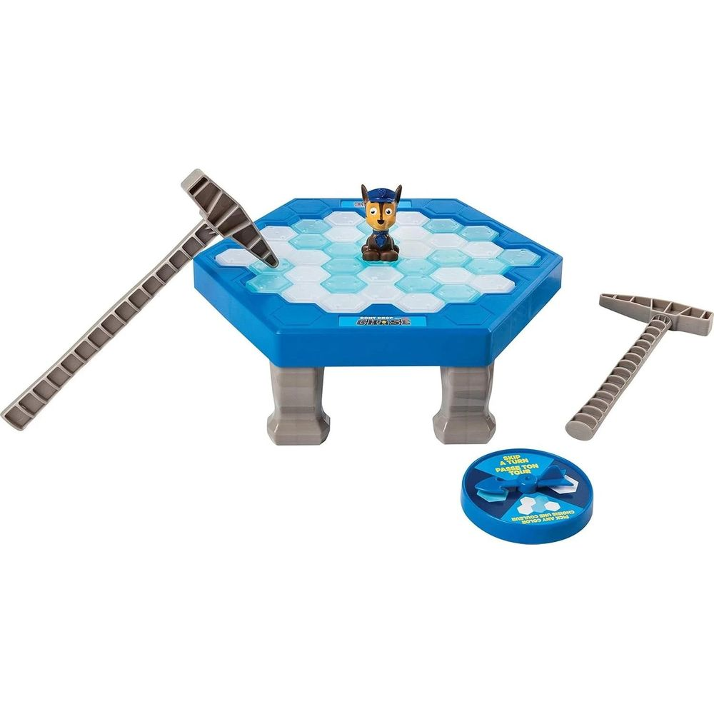 Ein blaues Spiel mit einem Hund, zwei Hämmern und einem Spinner.
